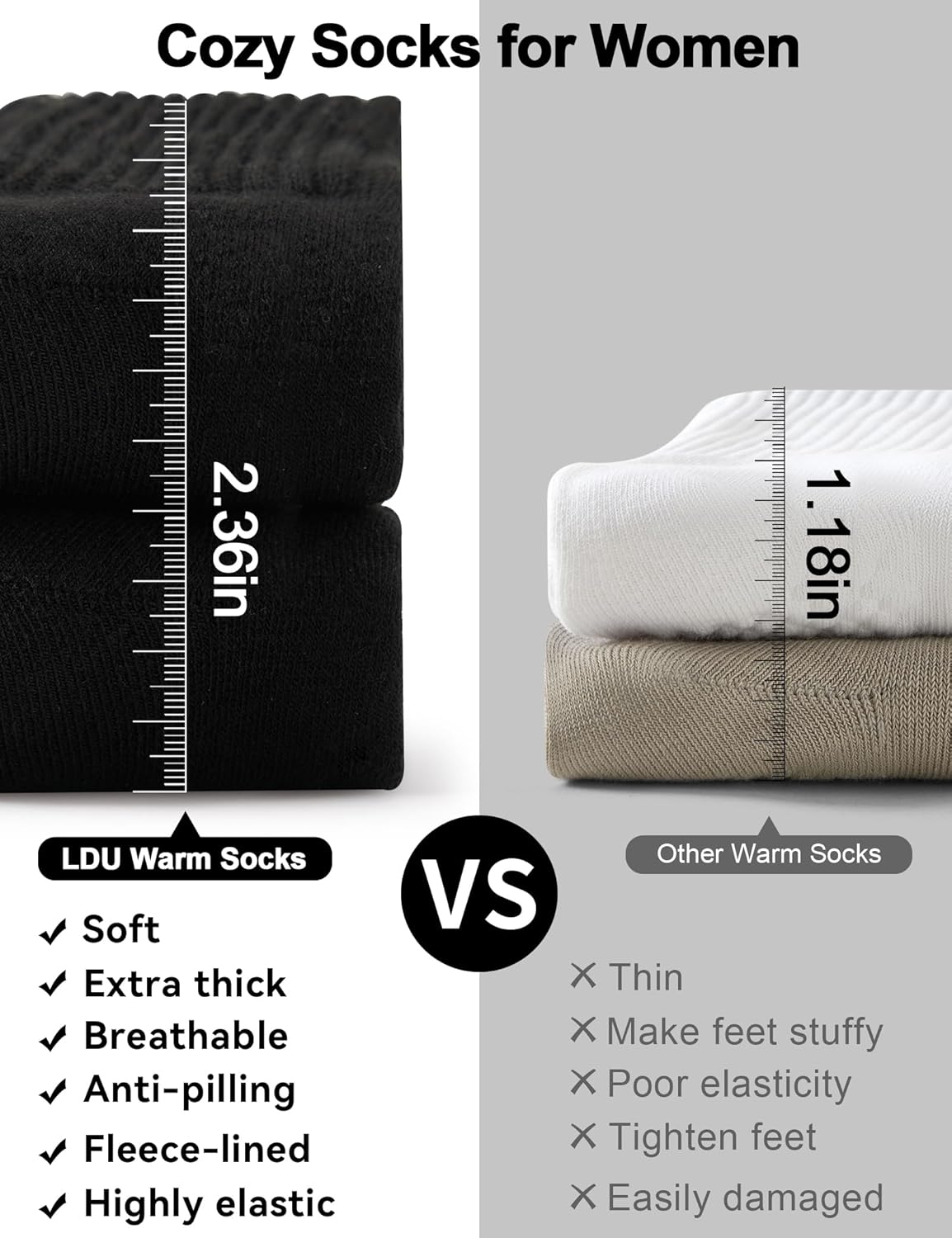 Women's Boot Socks 3/6 Pairs, Solid Color Fleece Lined Thick Cozy Warm Thermal Crew Socks, Winter Boot Socks for Women - Image 4