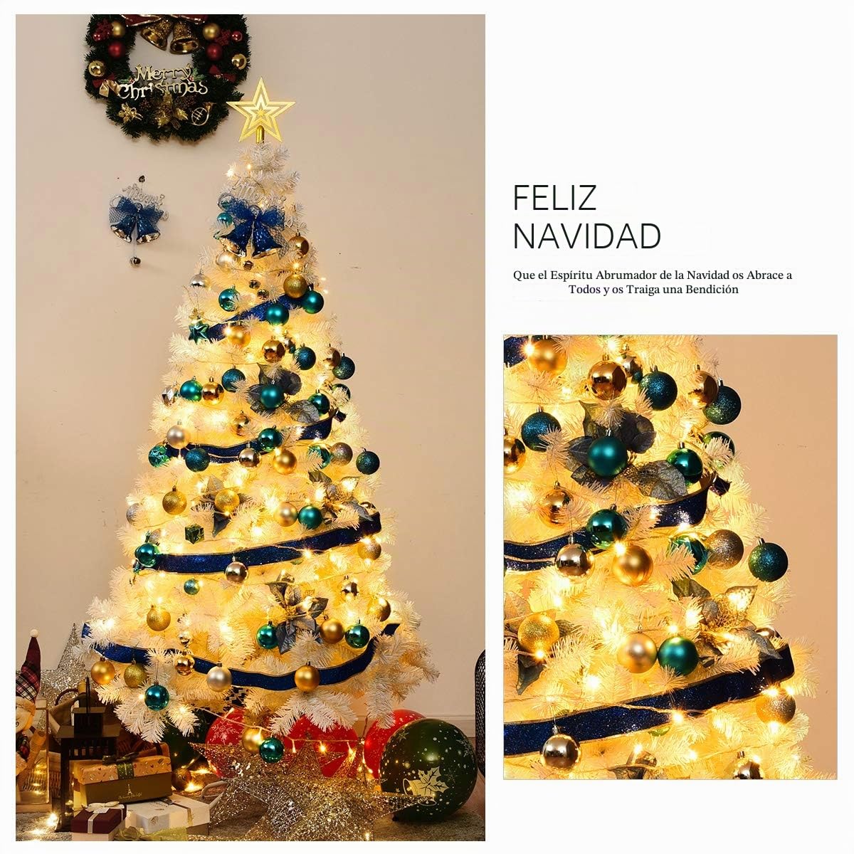 RELAX4LIFE Árbol de Navidad Artificial Blanco 150/180/210/240 cm, Arvore de Natal de PVC con Soporte de Metal, Árbol de Navidad Decorativo para Salón, Jardín, Tienda y Oficina (240 cm, 1138 Ramas)