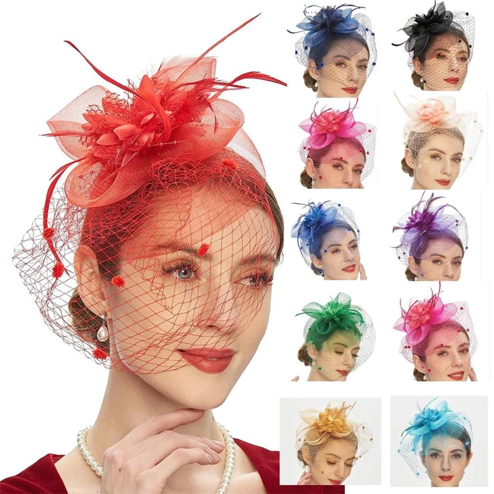 Tocado de Novia para Mujer, Diadema para Fiesta de té, Sombrero de Boda, Velo de Malla con Flores, Tocado (Rojo, Talla única)