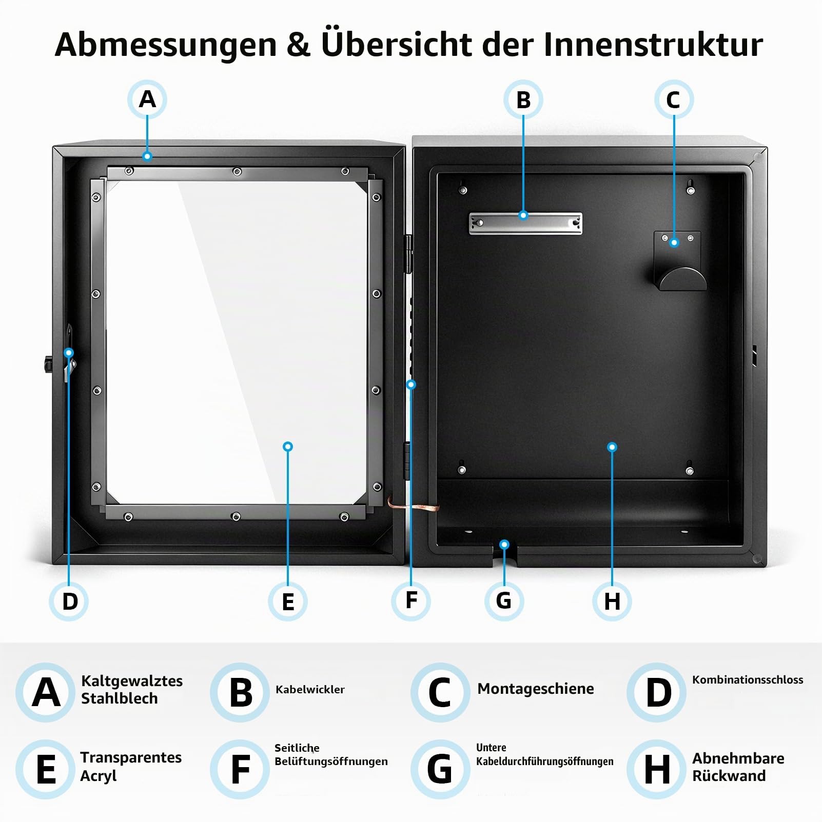 Wallbox Wetterschutz Schutzbox mit Kabelaufroller für EV Ladestation | Abschließbare Wallbox Schutzbox aus Stahl mit Acrylfenster, UV- und Regenschutz für Outdoor Ladestationen mit Kabelmanagement