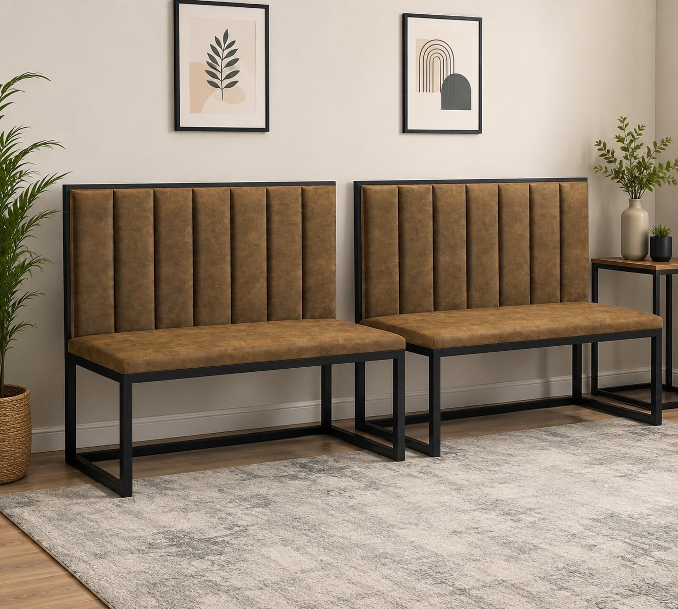 Modern Upholstered Bench with Black Metal Frame for Cafe and restaurant | Channel Tufted Back, Commercial Use, Milk Tea Salon, Hotel Seating, Industrial Style-image-31