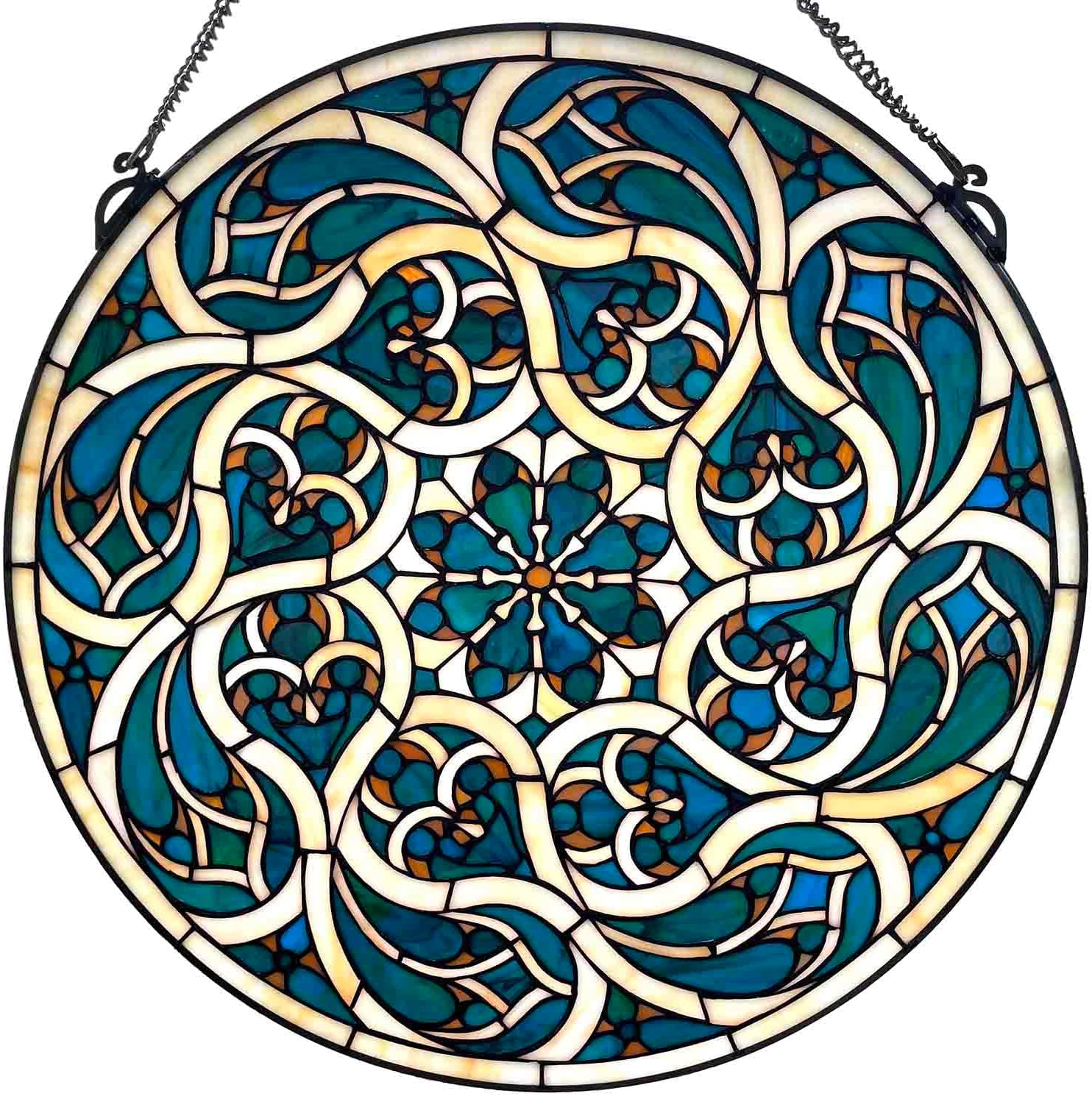 Bieye W13001 Tiffany Style Stained Glass Window Panel, 22-Inch Round Cathedral Rose Window Hanging, Gothic Stained Glass Suncatcher for Home Decor