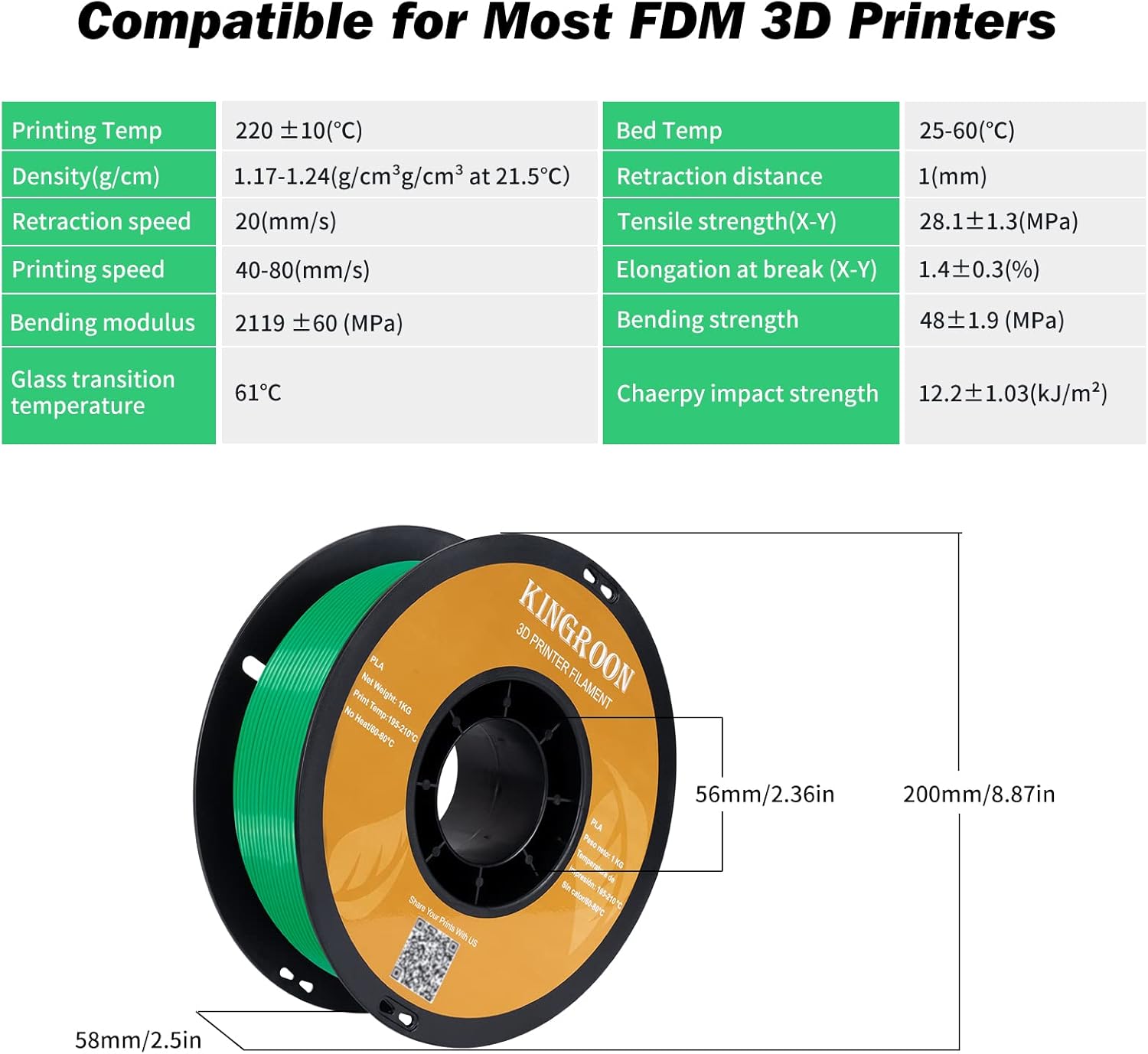 Kingroon PLA 3D Printer Filament, Dimensional Accuracy +/- 0.02 mm, 1 kg Spool(2.2lbs), 1.75 mm，Green - Image 6