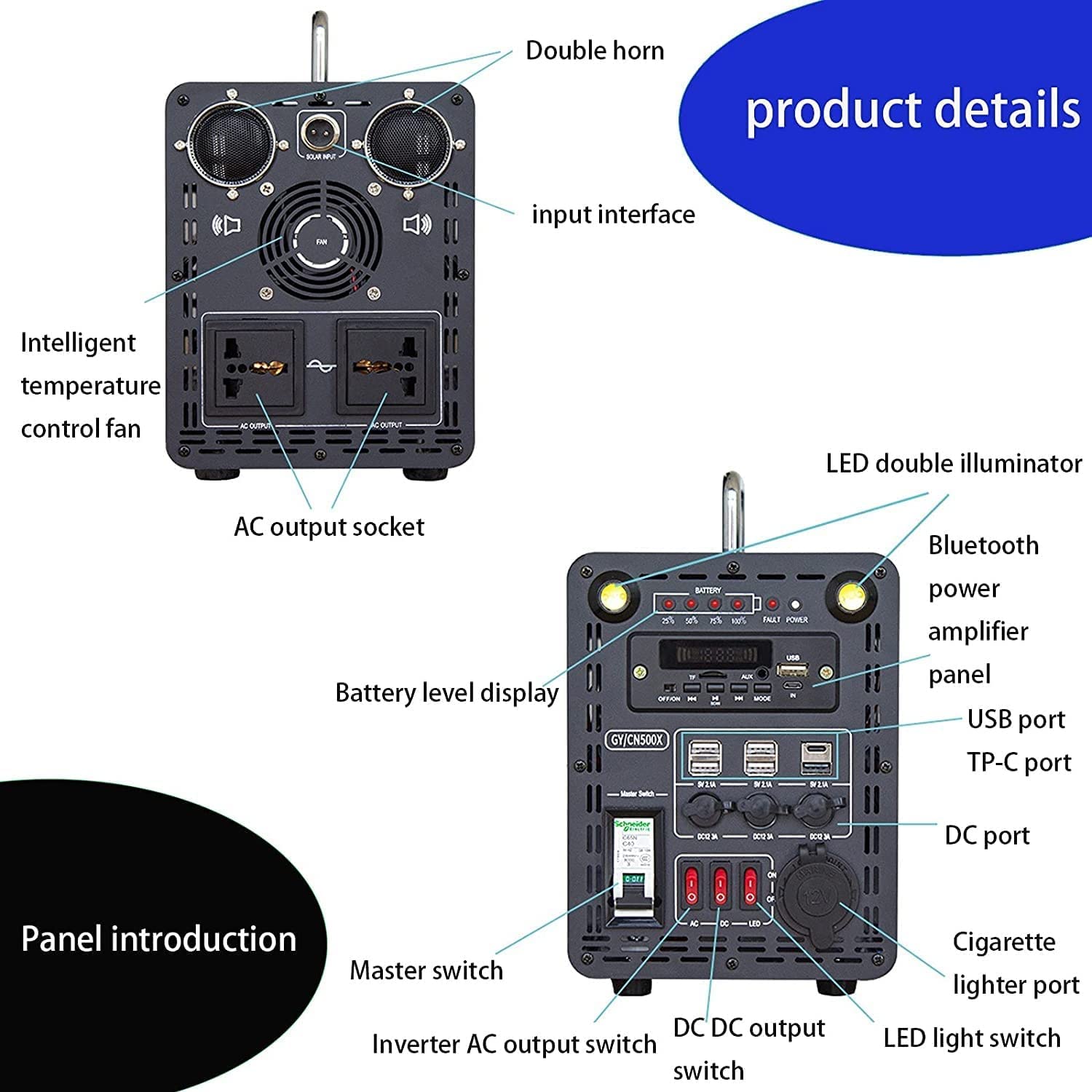 Centrale électrique portable 500 W 42 Ah Générateurs d'extérieur Batterie au lithium ternaire intégrée Alimentation mobile portable AC 220 V 230 V DC Sortie 12 V Chargeur solaire avec radio 2 haut-p