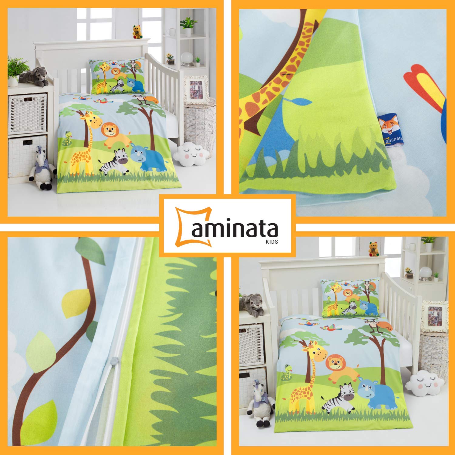 Aminata kids Beddengoed voor kinderen, 100 x 135 cm, dierentuindieren, safari, omkeerbare beddengoedset, dieren-jungle-motief, jongens en meisjes, katoen, ÖkoTex baby, giraf, aap, leeuw