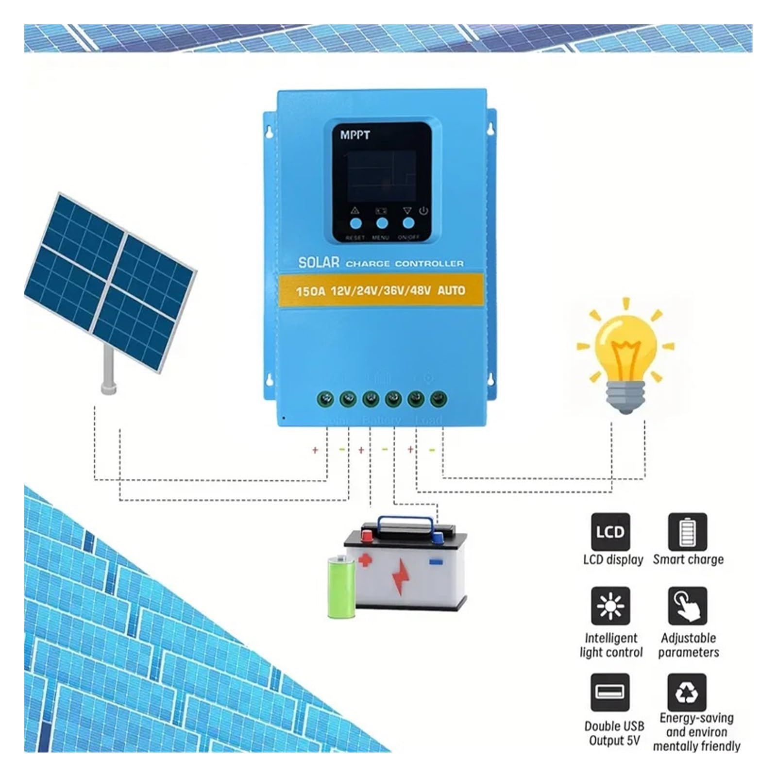 Kontroler ładowania słonecznego, Ulepszony, Wysokowydajny Regulator Ładowania Słonecznego MPPT O Mocy 150 A, Dwa Porty USB, Zabezpieczenie Przed Przeładowaniem I Kontrola Temperatury