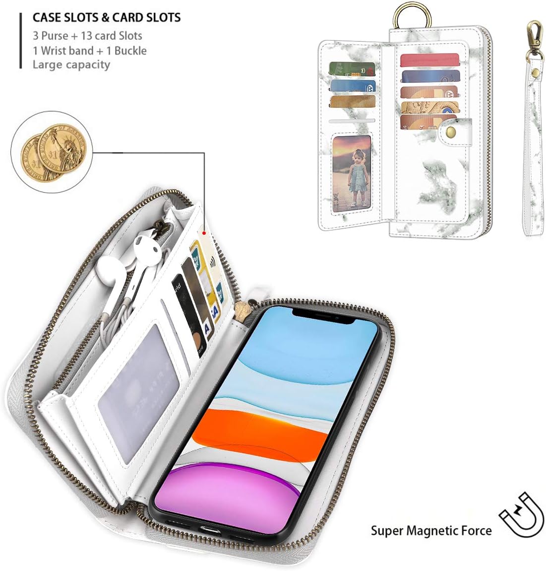 Petocase Compatible iPhone 11 Wallet Case, Multi-Function Zipper Purse with Detachable Magnetic Back Cover Wristlets 13 Card Slots & 4 Cash Pocket for Apple iPhone 11 White Marble
