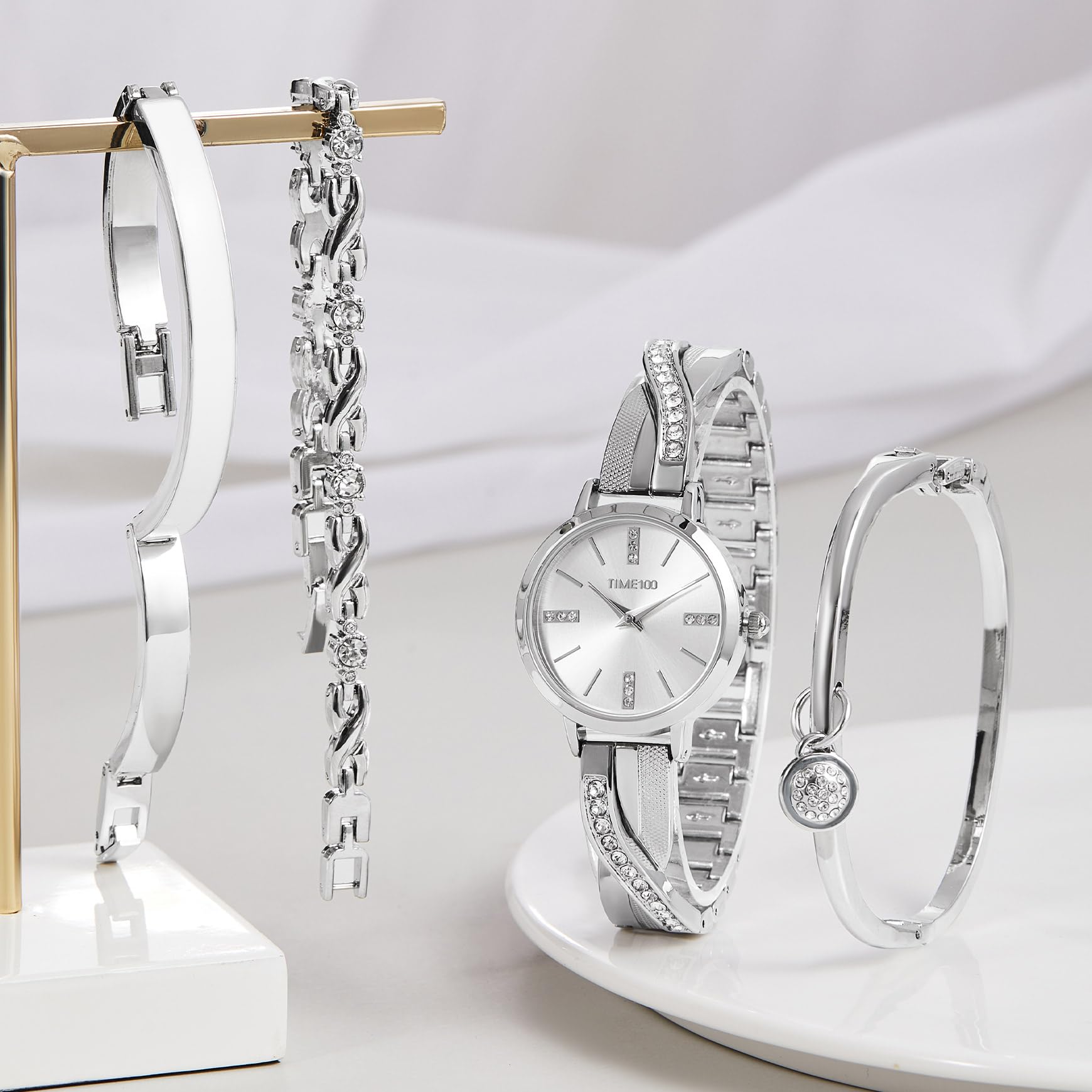 TIME100 Set Orologio, Bracciale e Collana da Donna Elegante, Orologio al Quarzo Impermeabile con Cristalli, Set Accessori Regalo per Lei
