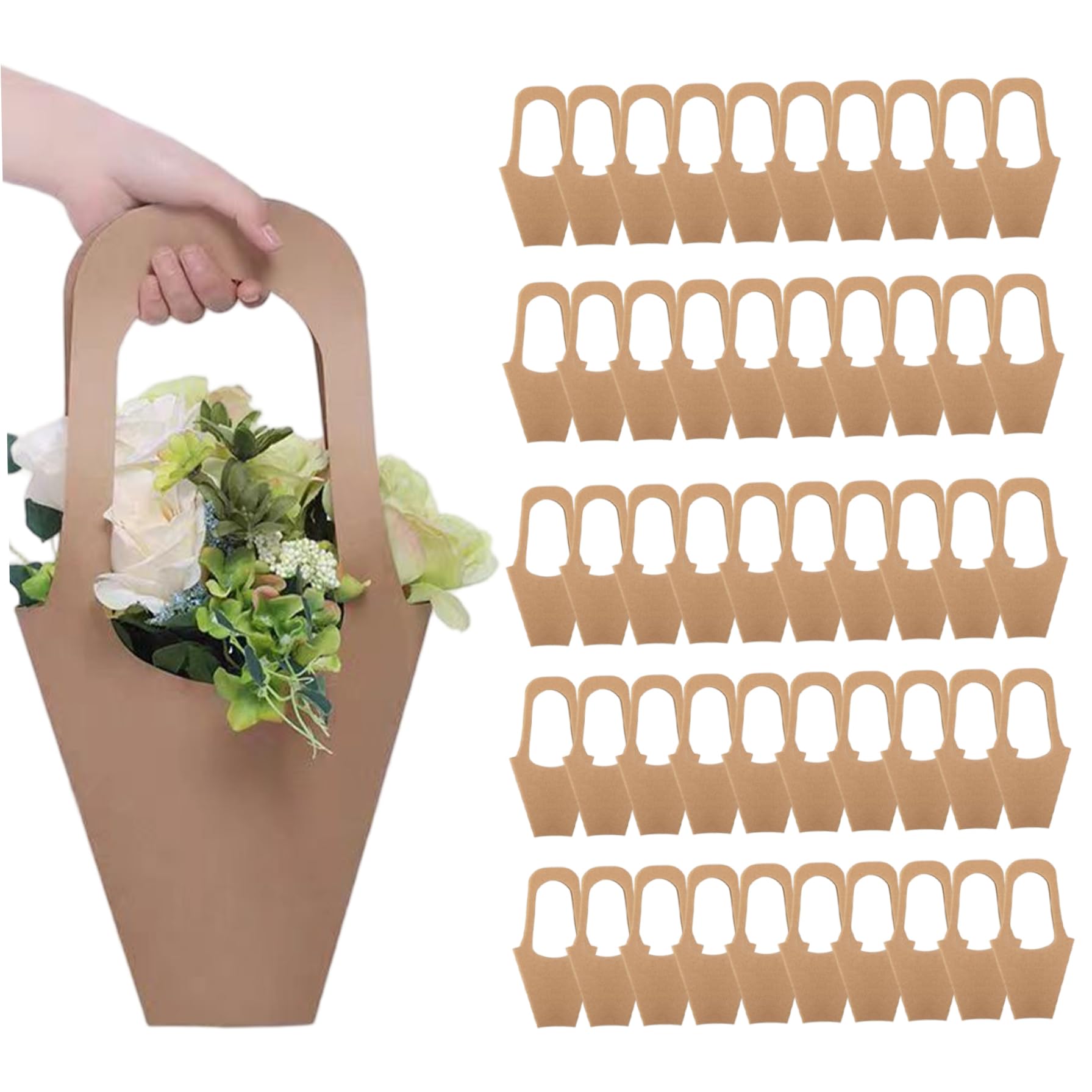 Porta Bouquet di Fiori da 50 Pezzi, Sacchetti di Fiori di Carta, Sacchetti di Bouquet appesi con Manico per bomboniere per Matrimoni, Compleanni del Ringraziamento