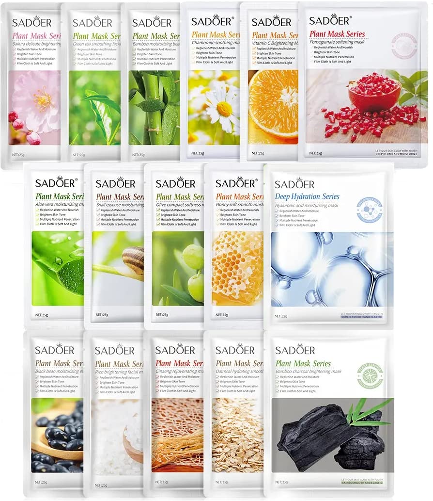 Hyaluronic Moisturizing Multipack Facial Mask,Organic Face Mask,Castor Oil,Fruit Extracted Beauty Mask,Skincare Facial Mask Sheets,Plant Facial Mask,Skin Repair Mask.16 Sheets.