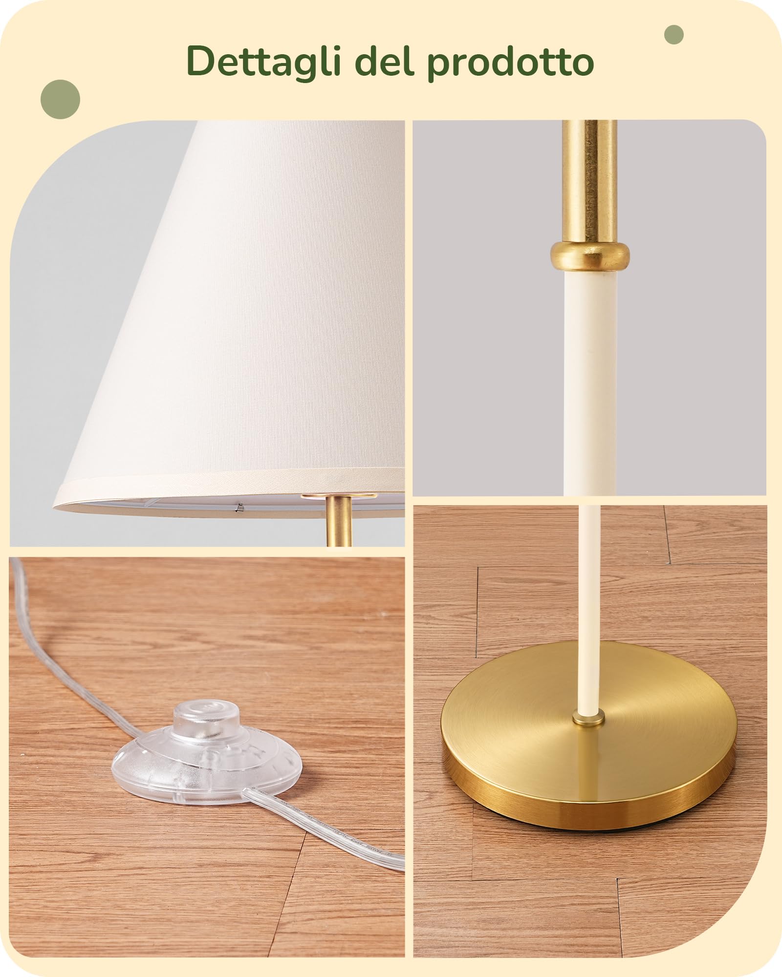 EDISHINE Lampada da Terra Retro per Soggiorno, Paralume in Cotone-Lino e Struttura in Metallo, Lampadina LED 2700K Inclusa, Lampada E27 per Cameretta, Camera da Letto e Angolo Lettura, Bianco