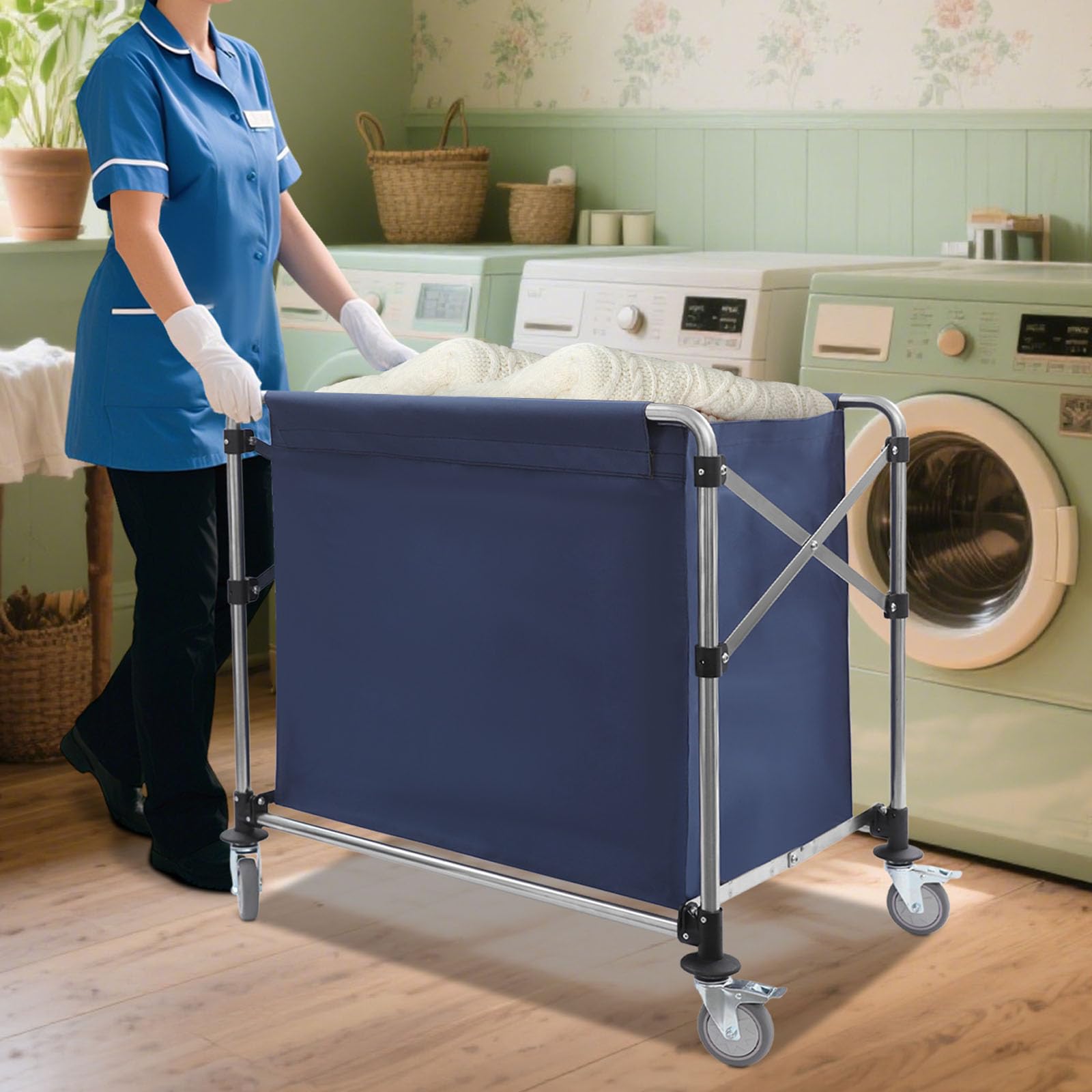 Carrito de lavandería de acero inoxidable con capacidad de carga de 100 kg, carrito de lavandería plegable con ruedas, apto para hoteles, lavanderías y almacenes, 90 × 60 × 88 cm