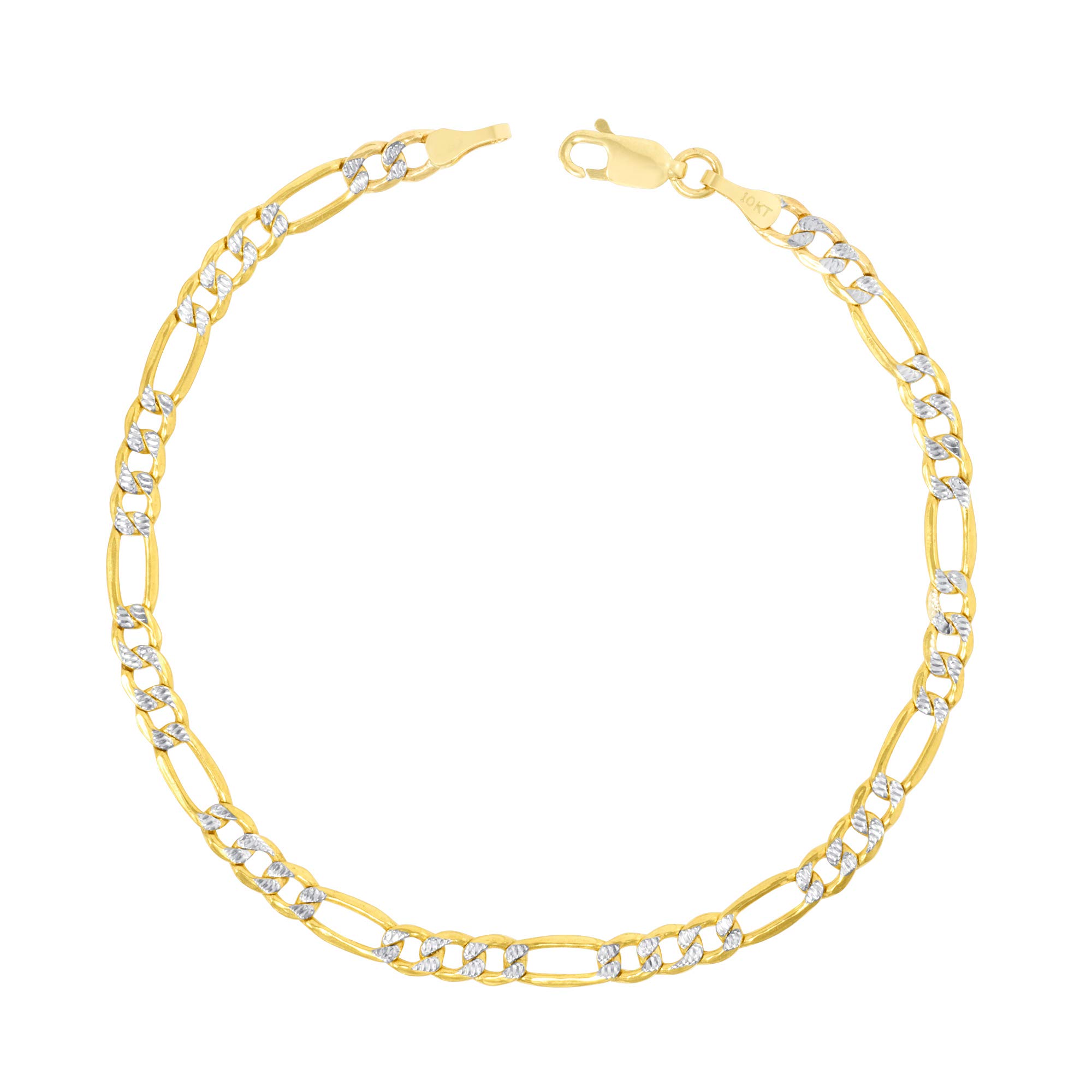 Nuragold 10k Real Yellow Gold Solid Figaro Link 5mm Diamond Cut Pave Chain Bracelet (7"-9") Two Tone Italian Jewelry for Men & Women