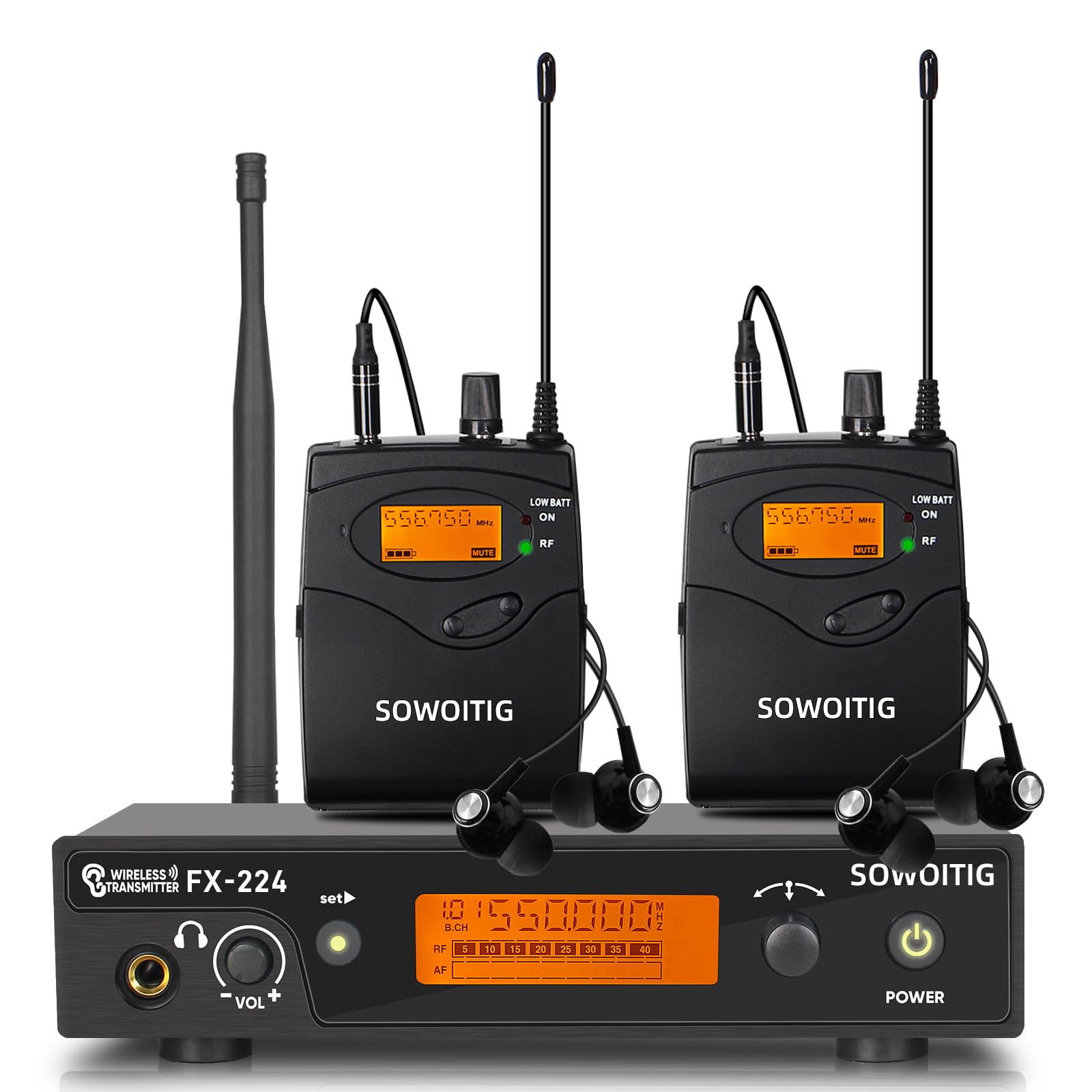 Système de surveillance intra-auriculaire sans fil – Système UHF-IEM professionnel (mono) avec émetteur en métal monté en rack, 2 récepteurs Bodypack avec écouteurs, 100 fréquences, portée de