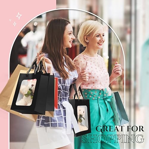 Miniatura 4 de 50 bolsas de regalo de papel con ventana transparente Kraft bolsas de compras con asas de 9.8 x 7.1 x 5.1 pulgadas, bolsas de regalo transparentes