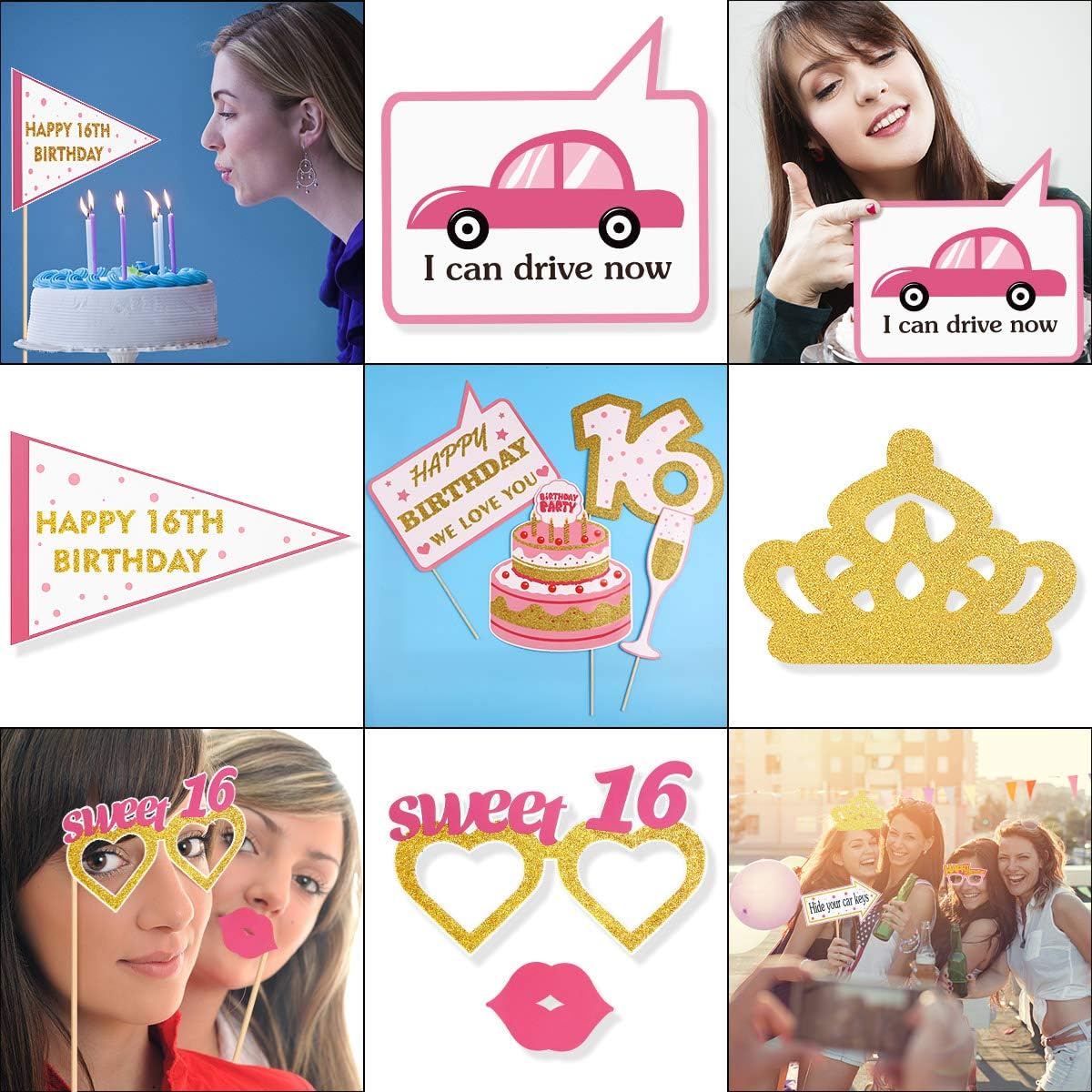 Happy Birthday Props for 16th Birthday Party Photo Booth Props Glitter 16th Birthday Party Supplies Girl Birthday Supplies, 20 Pieces - Image 5
