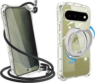 対応 Google Pixel 11 ケース ショルダー リング付き クリア ストラップ付き【360°回転スタンド・縦横両対応】ピクセル 11 スマホケース カバー 耐衝撃 全透明 TPU 肩掛け 首掛け 取り外し可能 長さ調整可能 スタンド機能付き 金属ボタン(クリア)