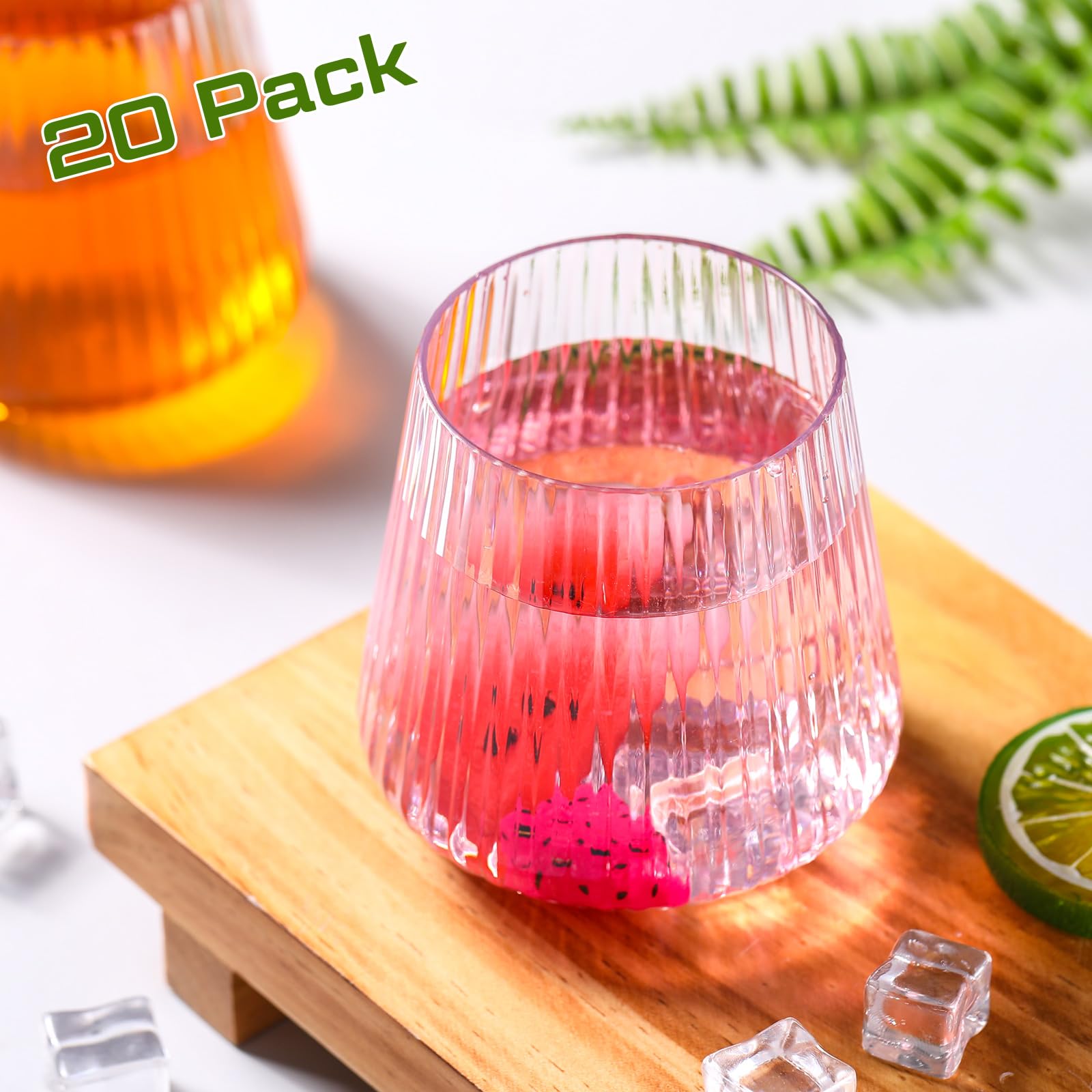 Suclain 20 copas de vino de plástico acanaladas, sin tallo, diseño vertical, irrompibles, para exteriores, interiores, vintage, elegantes, copas de whisky de champán para fiestas de Navidad, bodas