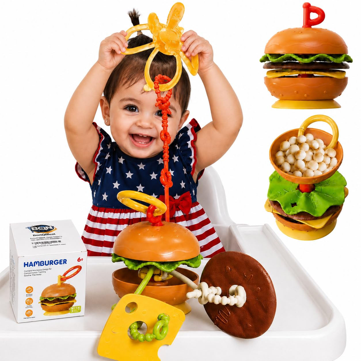 4-in-1 Hamburger Baby Suction Cup Toy Holder for High Chair, Teething Toys