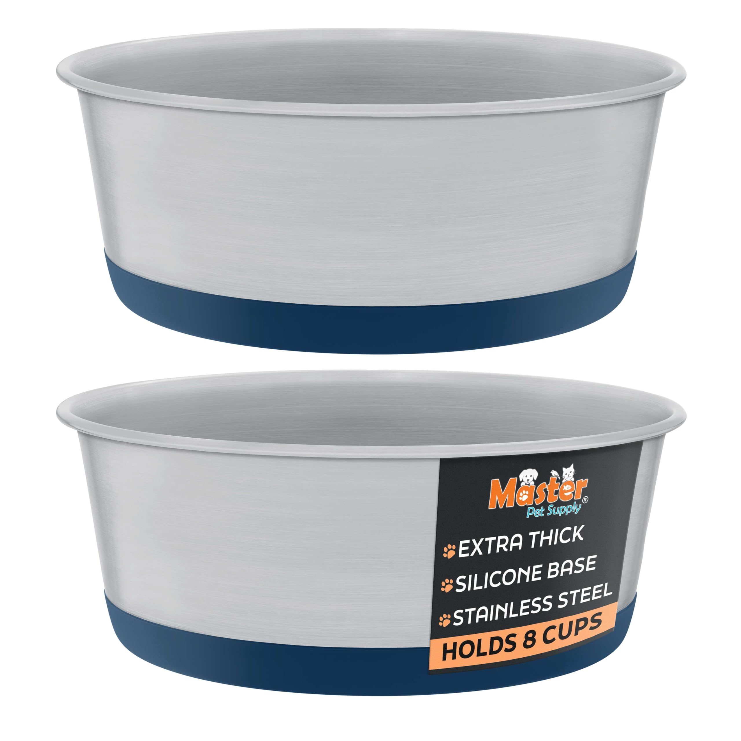 Master Pet Supply Stainless Steel Dog Bowls Set of 2 with Extra Thick Silicone Base - 8 Cup (64 oz) Navy Blue, Non-Slip, Dishwasher Safe Metal Bowls, Pet Dog Food Bowl for Dogs, Cats, Anti Rust