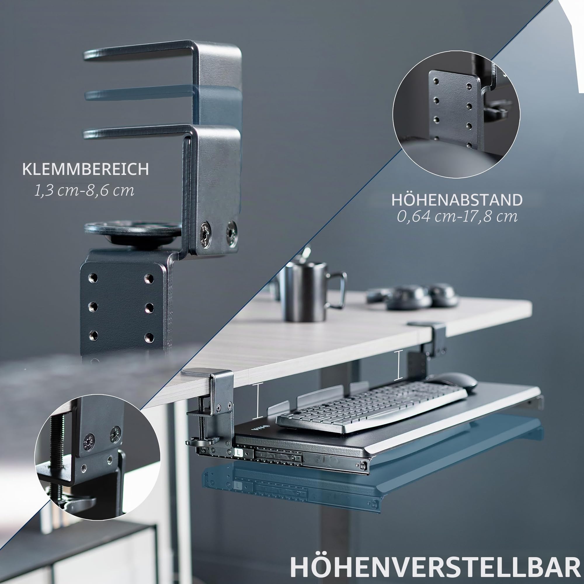 VIVO MOUNT-KB05HB Große Höhenverstellbare Tastaturablage unter dem Schreibtisch, C-Klemmen-Halterungssystem, 68 cm (33 inkl. Klemmen) x 27,9 cm, ausziehbare Plattform, Computer-Schublade zum Tippen,