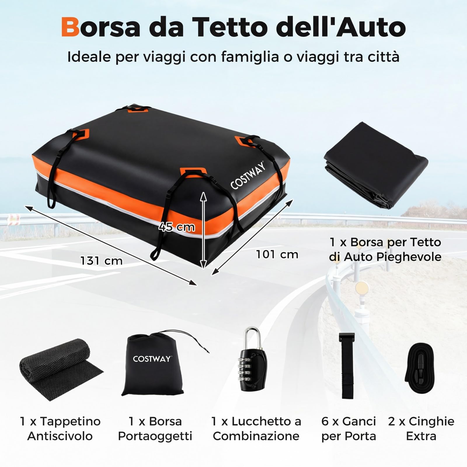 COSTWAY Borsa da Tetto per Auto, Box Portapacchi con Impermeabile e Alta Adattabilità, Baule con Tappetino Antiscivolo, Striscie Riflettenti, Lucchetto e 8 Corde di Fissaggio (600 L,Arancione)