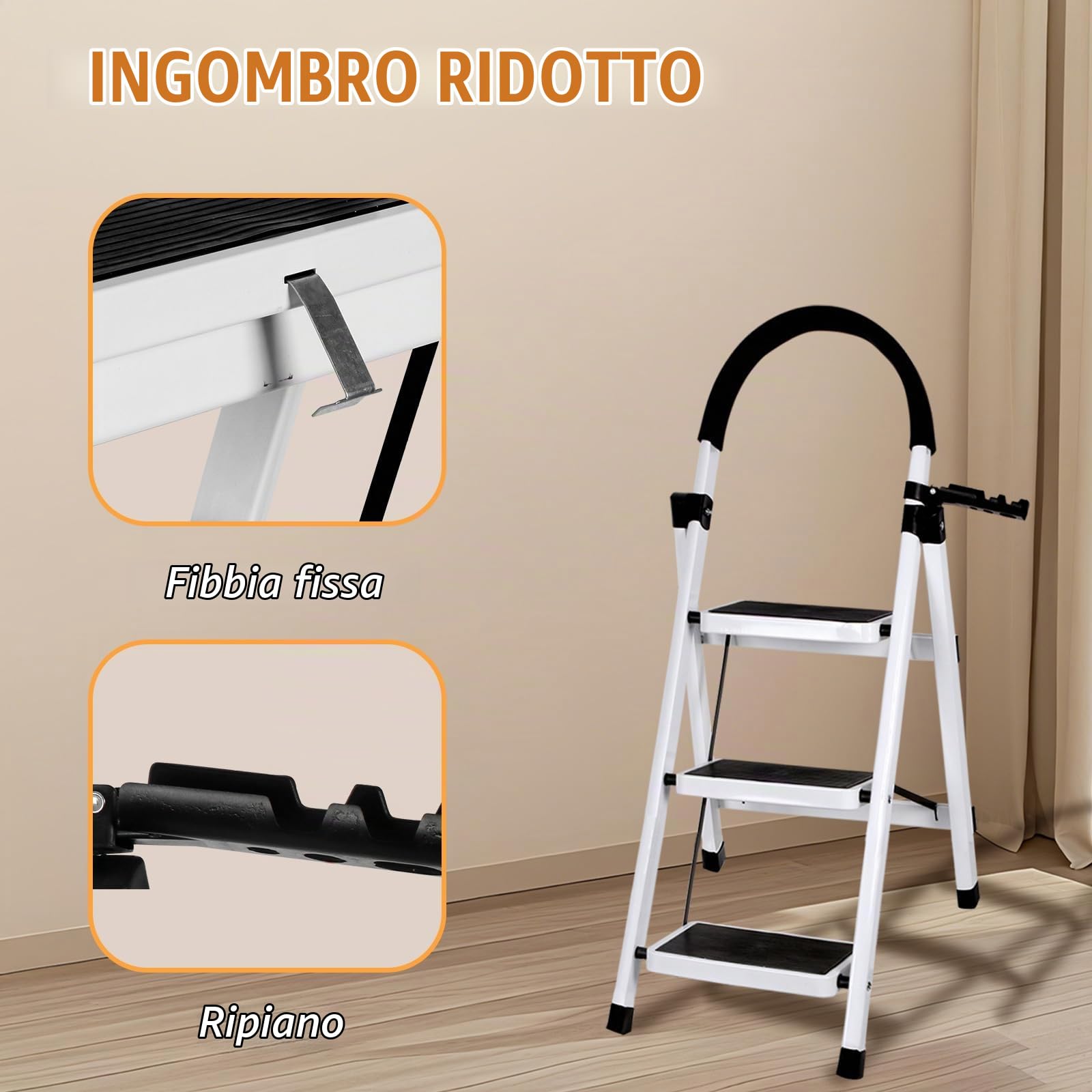 Scaletta pieghevole a 3/4/5 gradini di carico massimo di 150 kg, blocco di sicurezza, pedali larghi braccioli a scala a scomparsa leggeri per casa, cucina, armadio e ufficio (bianco-3 gradini)