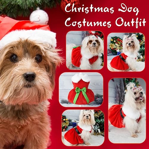 Miniatura 5 de Idepet Vestido de Navidad para perro de 2 piezas, falda para perro de Papá Noel, disfraz de Navidad para cachorros, ropa de invierno para niñas,
