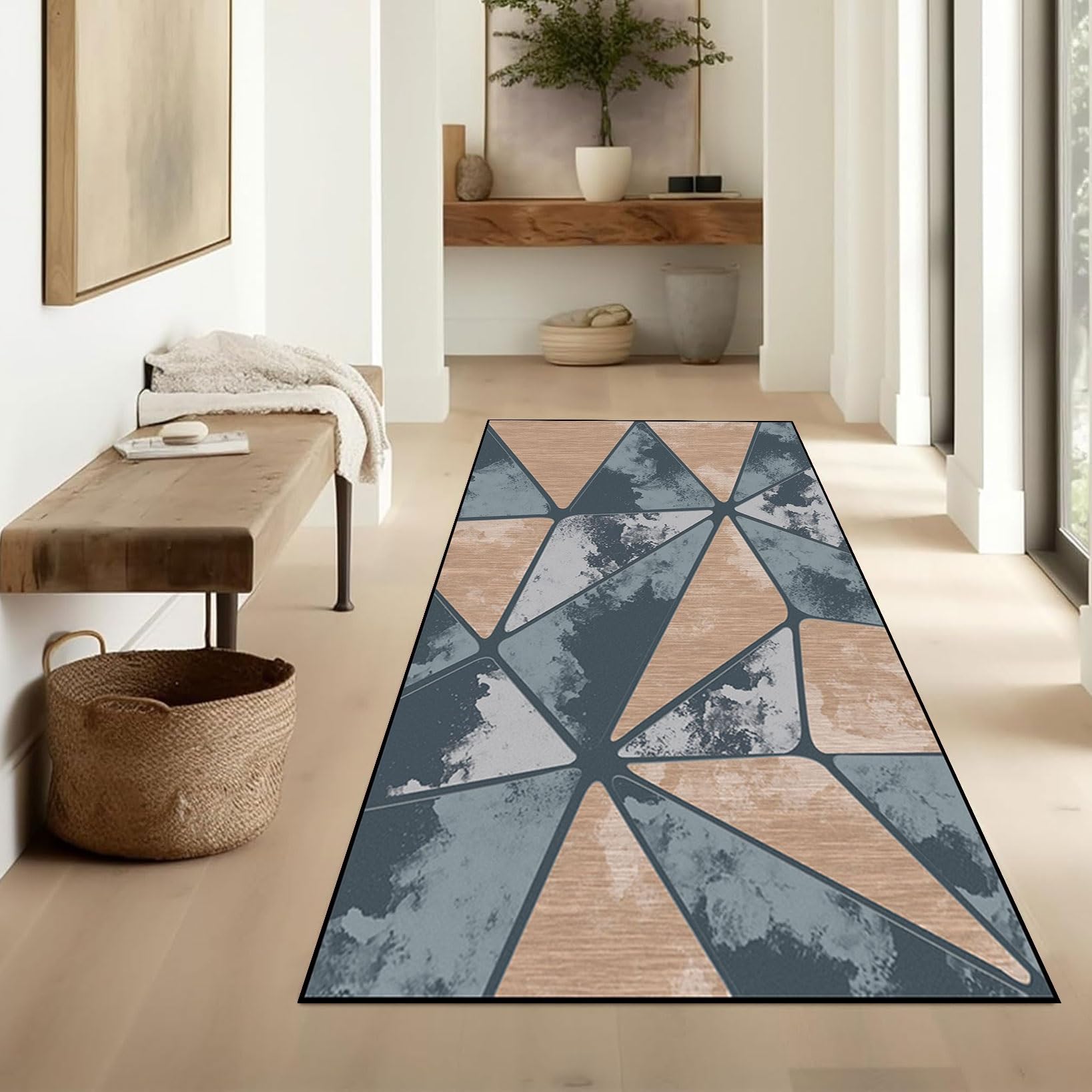 Alfombra de Pasillo Larga 55x370 cm Lavable y Antideslizante Geométrica Gris para Entrada y Salón