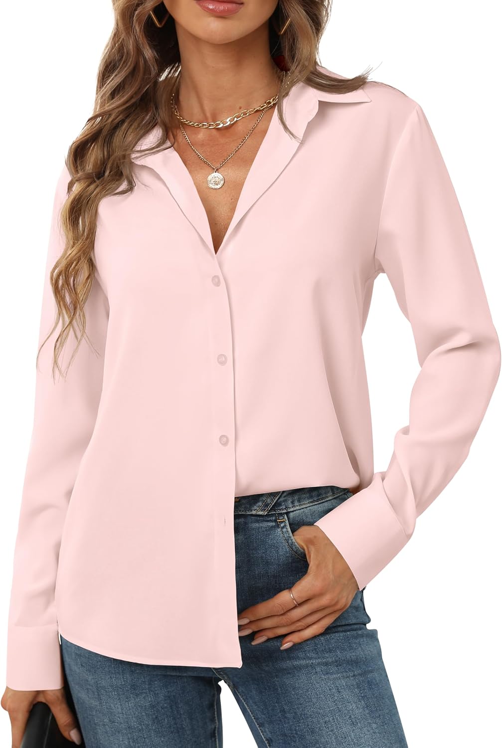  Women's Button Down Shirts Long Sleeve Basic Classic Soft Shirt Collared Fashion Dressy Casual Blouses thumbnail