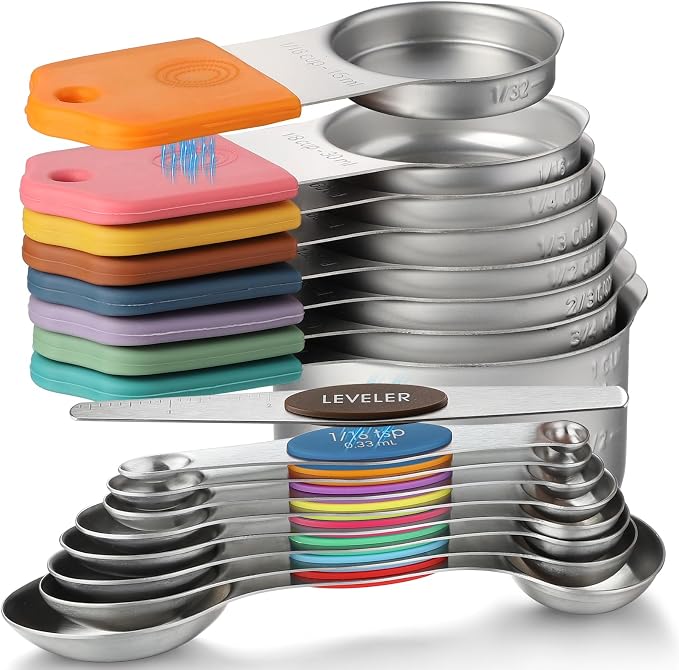 Magnetic Measuring Cups and Spoons Set of 16 Including 7 Stainless Steel Stackable Magnetic Measuring Cup 8 Magnetic Measuring Spoon with Leveler for Measuring Dry Liquid Ingredient