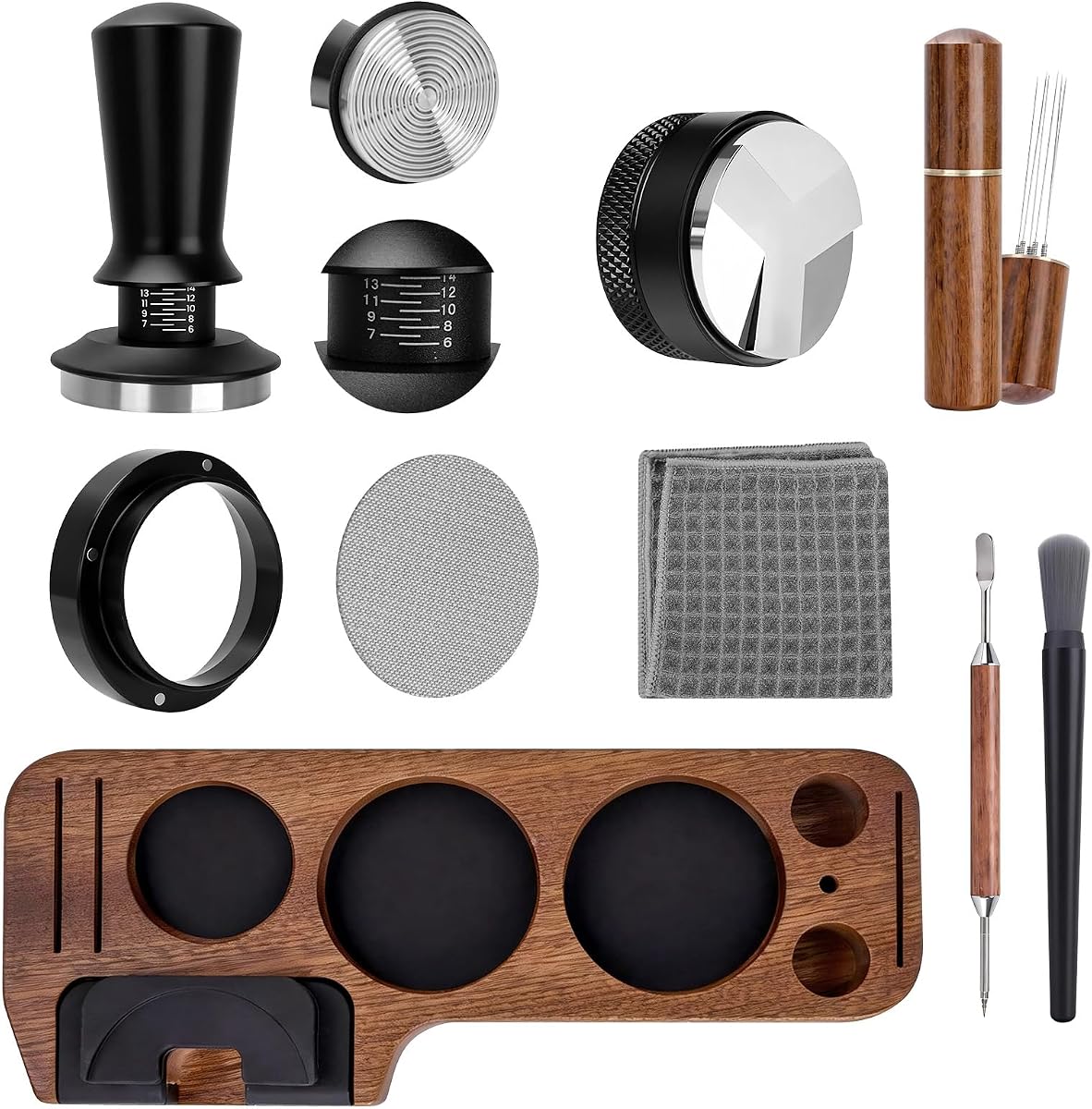9-in-1 Espresso Tool Set: 54mm Tamper, WDT Tool, Distributor, Magnetic Funnel, Puck Screen, Brush, Cleaning Cloth, Latte Art Needle & Wooden Stand for Breville De'Longhi