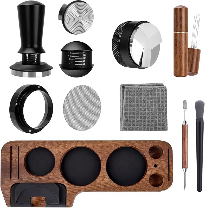 9-in-1 Espresso Tool Set: 54mm Tamper, WDT Tool, Distributor, Magnetic Funnel, Puck Screen, Brush, Cleaning Cloth, Latte Art Needle & Wooden Stand for Breville De'Longhi