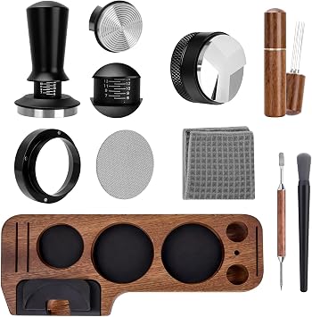 9-in-1 Espresso Tool Set 54mm Tamper, WDT Tool, Distributor, Magnetic Funnel, Puck Screen, Brush, Cleaning Cloth, Latte Art Needle & Wooden Stand for Breville DeLonghi