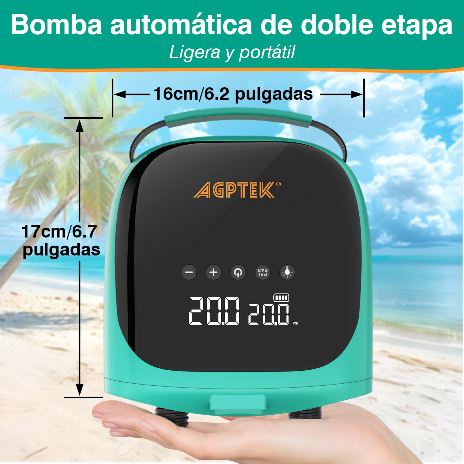 AGPTEK Inflador Paddle Surf Eléctrico Portátil, 20PSI, Autoapagado | 12V Coche, 6 Boquillas, Inflado/Desinflado Rápido, Paddle Surf, SUP, Kayak, Bote Inflable, Hinchable, Apagado Automático