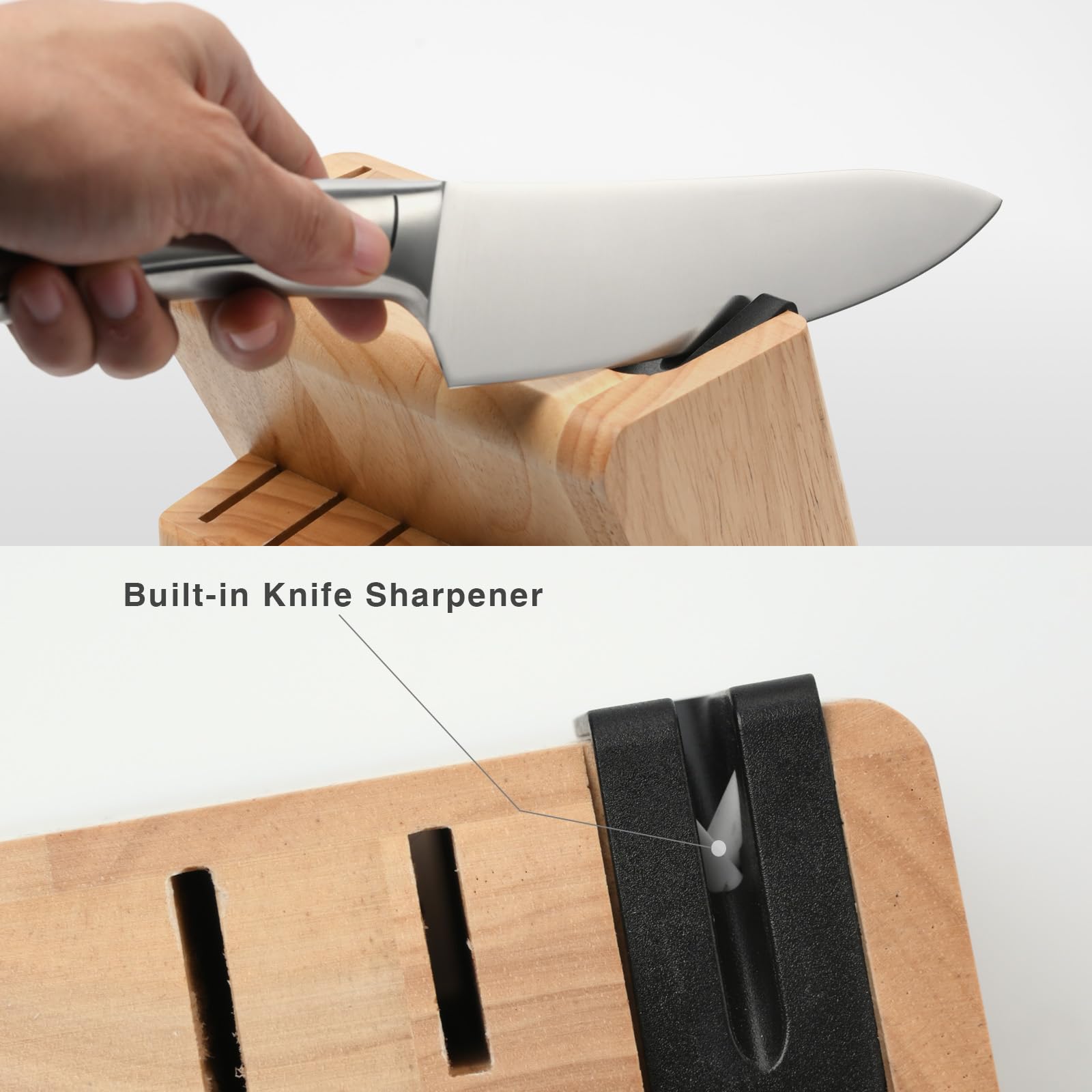 Jeu de Couteaux de Cuisine Professionnels 13 Pièces Bloc en Bois d'Hévéa avec Aiguiseur Intégré Lames Extra-Affûtées Lavables au Lave-Vaisselle