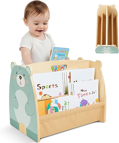 Miniatura 11 de Estantería infantil SheSeek de doble cara con 4 niveles de fundas profundas, estante de libros de madera para niños Montessori para habitación de