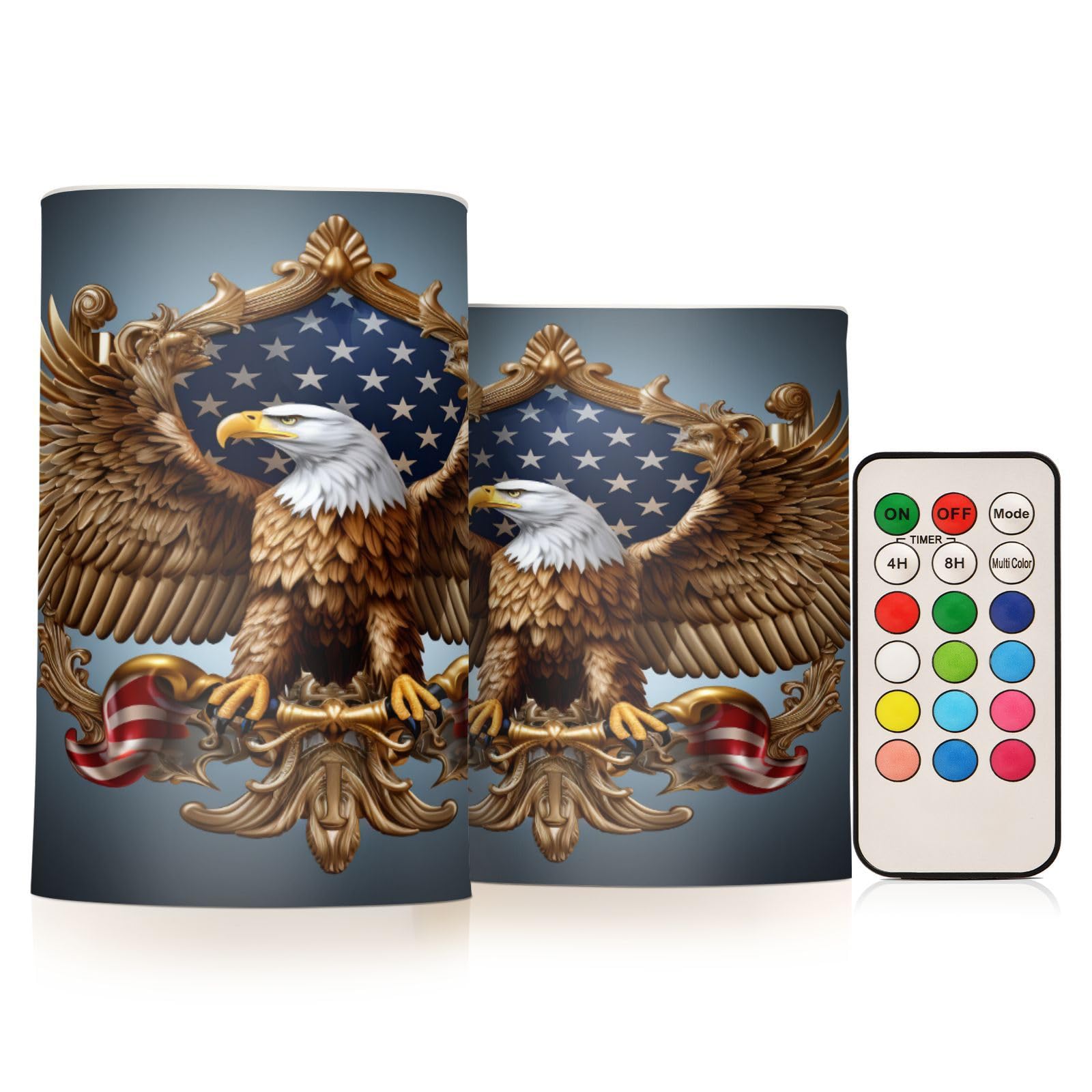 ALAZA Eagle American Flag Independence09 Flickering Flameless Candles Battery Operated with Remote Timer,Tea Light Candles LED Pillar Votive Candles Set of 2 for Outdoor Indoor Decorations
