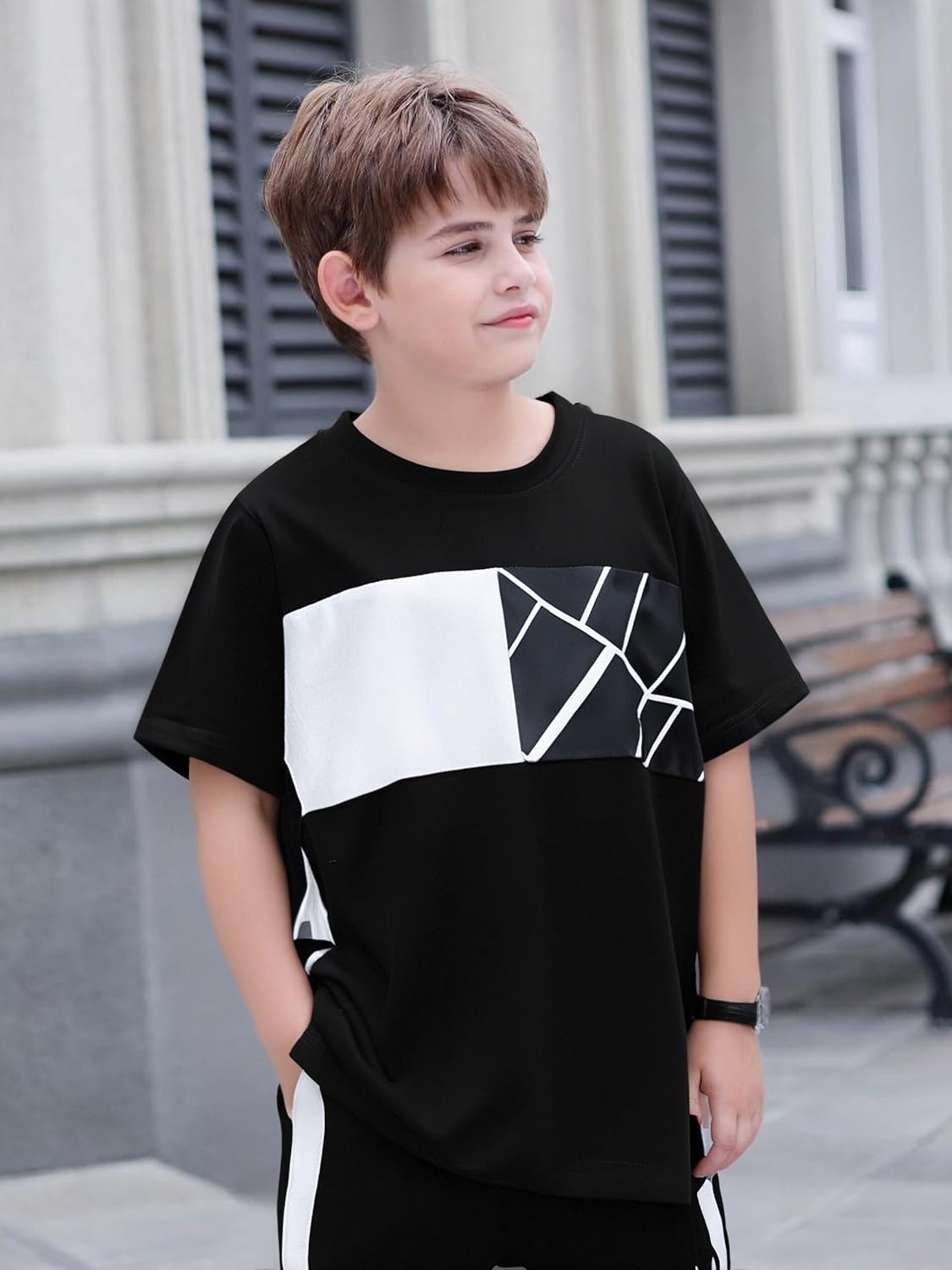 Kid Boy Clothes Geometric Printed Color Blocking Top Summer Long Pants 2PC Summer Outfit Set(6-7Y) - Image 4