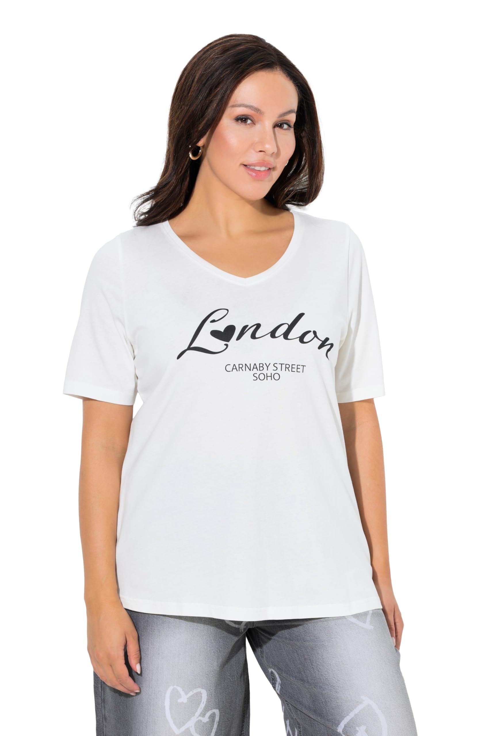 Ulla Popken Damen große Größen Übergrößen Plus Size T-Shirt, City-Schriftzug, Slim, V-Ausschnitt, Halbarm 847248