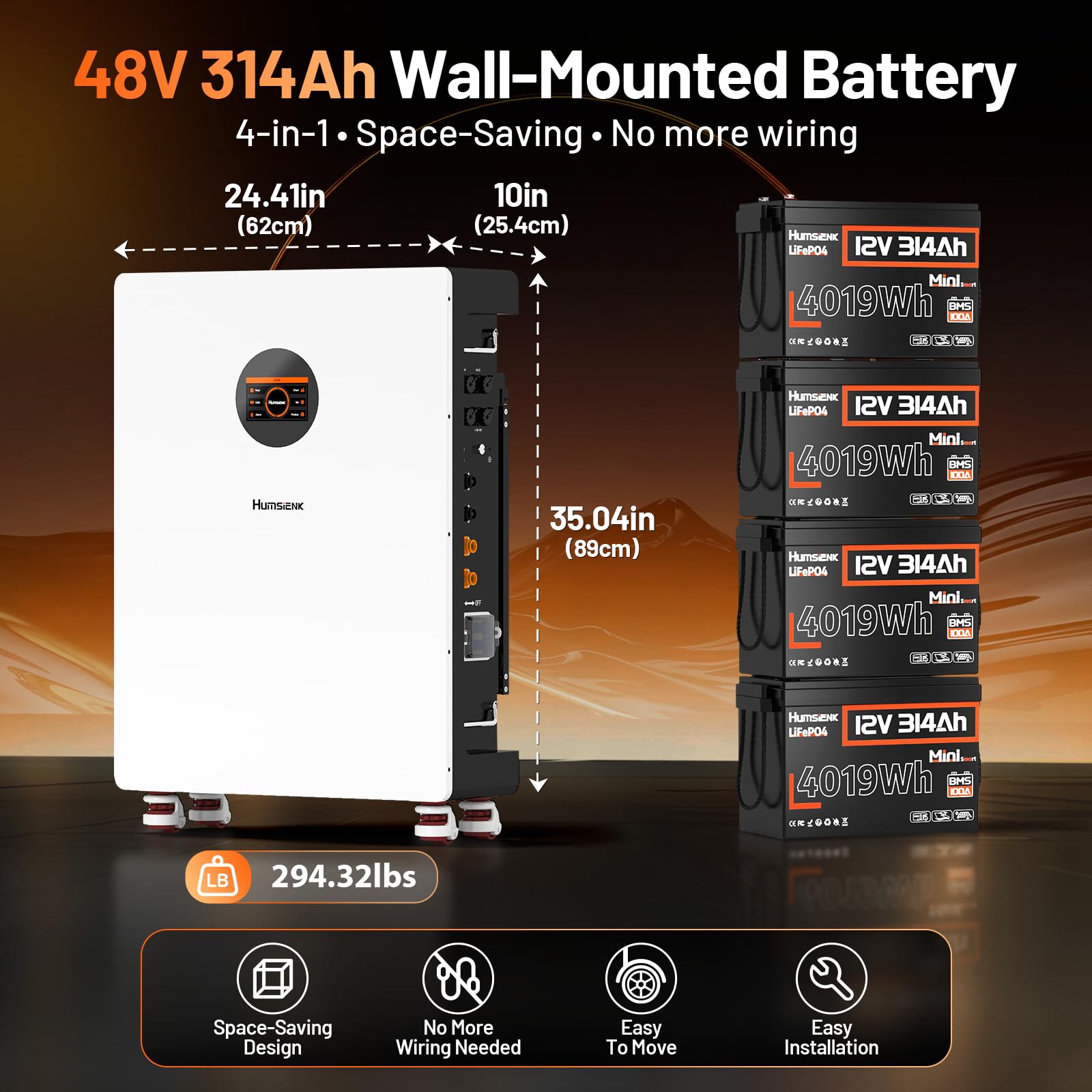 Humsienk Akumulator LiFePO4 48V 314Ah, Battery fotowoltaiczny 16,07kWH z wbudowanym systemem BMS 200A i wyświetlaczem LCD, ponad 8000 cykli, akumulator ścienny do systemów solarnych, fotowoltaicznych