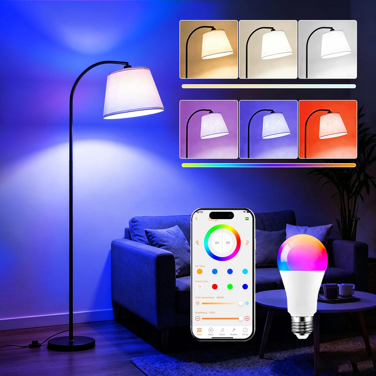 Piantana Lampada da Terra ad Arco Salotto LED Moderna Intelligente RGB,170CM Doppio Controllo con Interruttore a Piede e App, Lampadina Dimmerabile,CRI92, 2700-6000K, 10W 1200LM,per Soggiorno e Camera