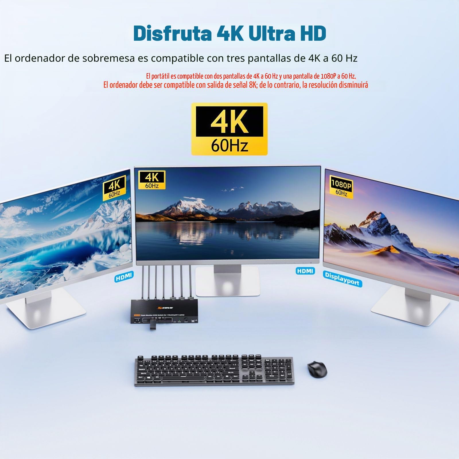 Triple Monitor KVM Switch 1 Laptop 1 Desktop, USB 3.1 KVM Switch 2 PC 3 Monitores USB-C HDMI DP Comparten 4 USB ports, 100W PD, 4K@60Hz, MST, Wired Remote(4K USBC DP HD 2 in 3 out)