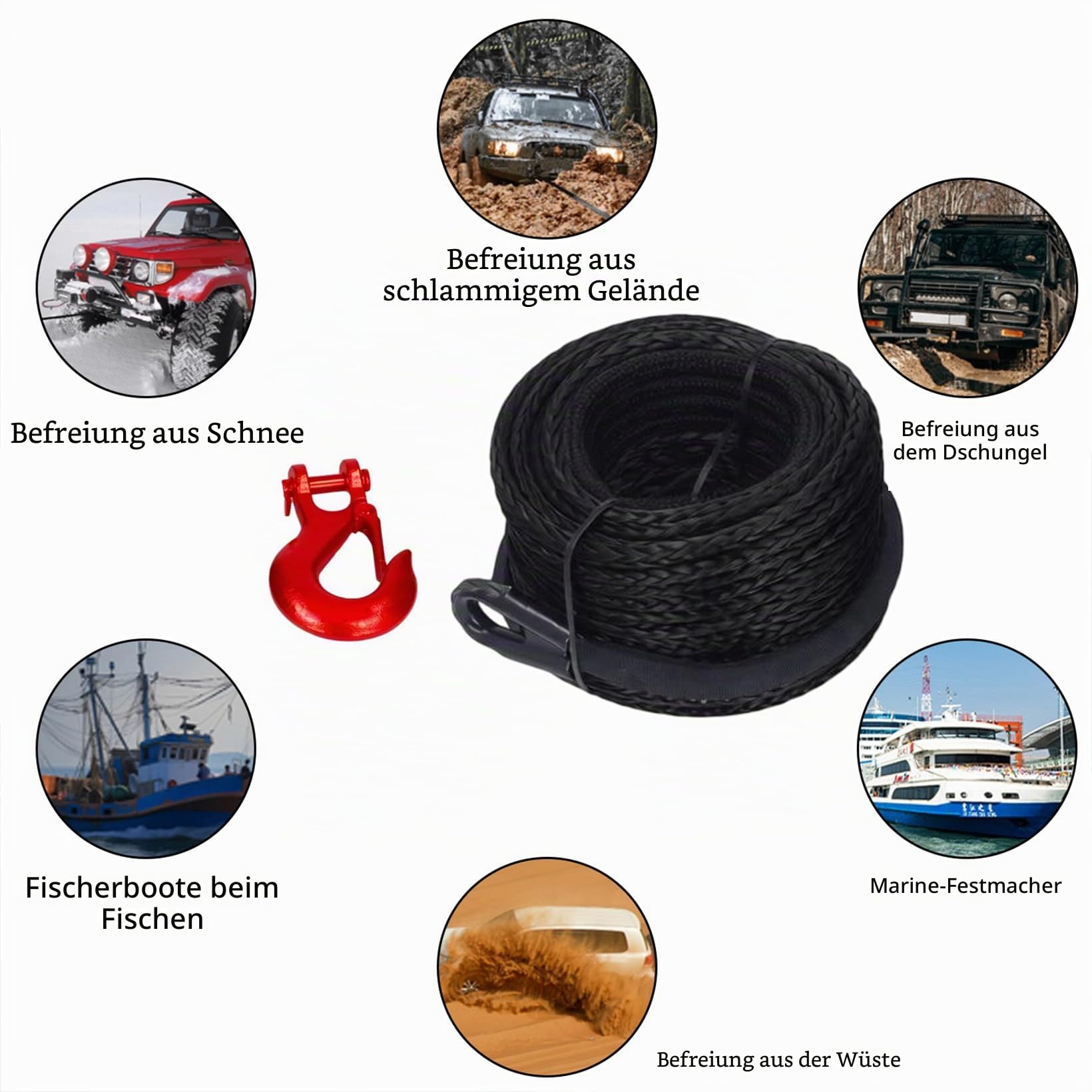 Kunststoffseil Windenseil, 8mm x 15m Abschleppseil, 12-Strand Synthetikseil mit Schutzhülle und Metallhaken, Forstseil Maximale Zugkraft 6000KG/13228 LBS, für ATV UTV SUV LKW Boot Offroad
