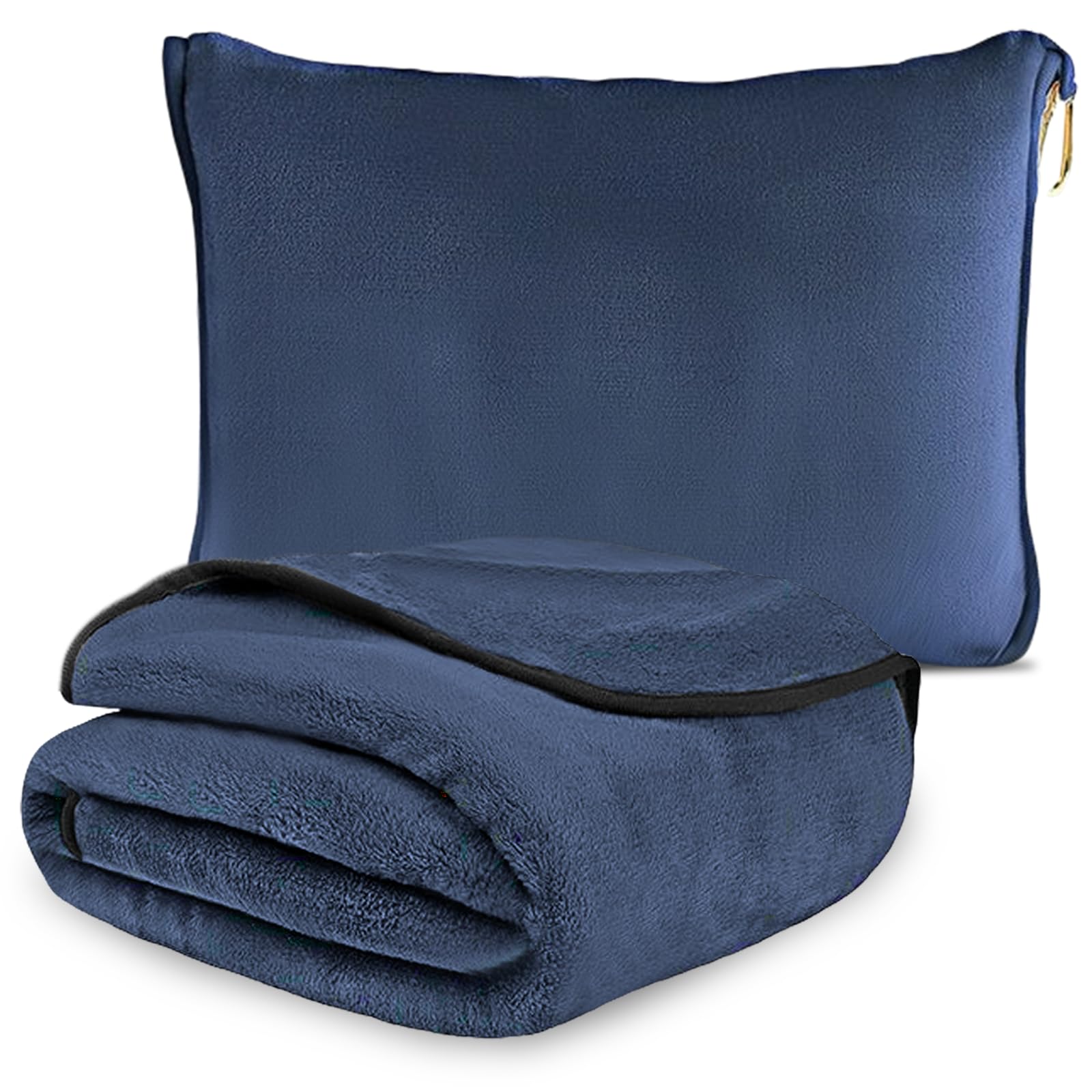 Manta de viaje para avión, cojín transformable 2 en 1, manta portátil para avión con fijación de maleta, para oficina, viajes de negocios, viajes, ultraligera y cálida, color azul marino, 152 x