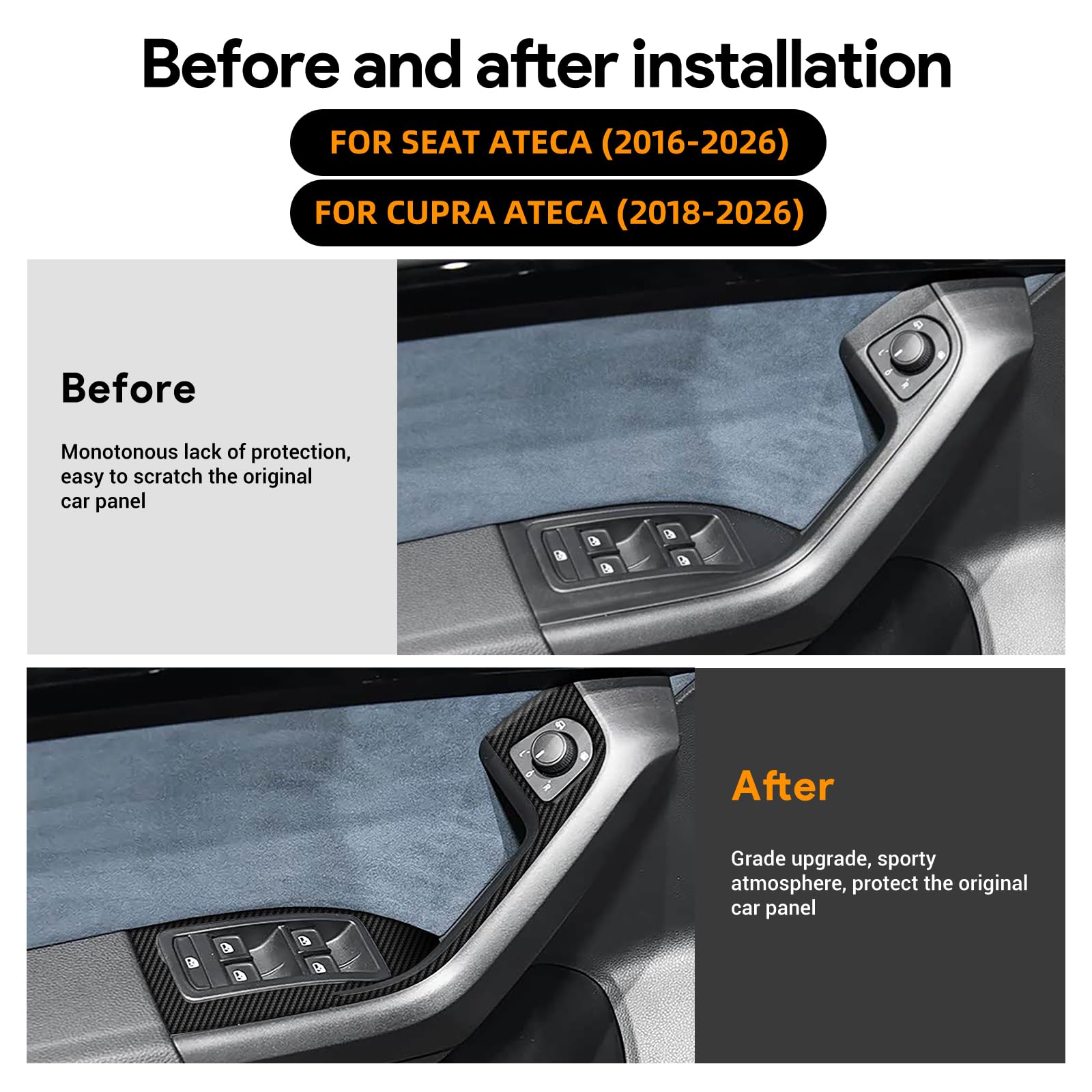 KUNGKIC Für Seat Ateca 5F 2016-2026 Cupra Ateca 5F 2018-2026 Kohlefaser Auto Bedienfeld Fensterglas Hebe Schalter Konsole Abdeckung Aufkleber Dekorative Innenbereich Zubehör 4PC(Schwarz)