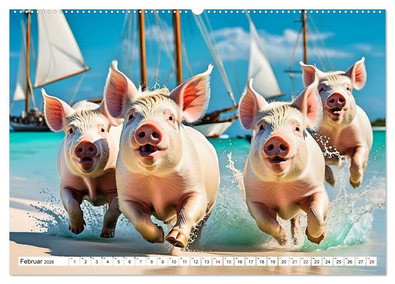 Schwimmende Schweine im Paradies (hochwertiger Premium Wandkalender 2026 DIN A2 quer), Kunstdruck in Hochglanz: Niedliche Schweinchen tummeln sich an ... in kristallklaren Gewässern (CALVENDO Tiere)