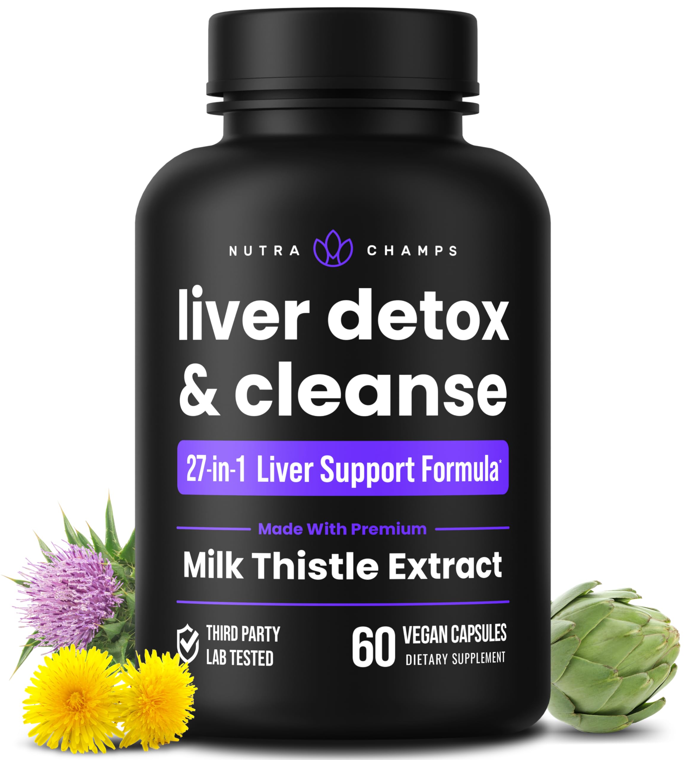 Liver Cleanse Detox & Repair Formula | 25+ Herbs: Milk Thistle Extract with Silymarin, Artichoke, Dandelion, Chicory Root Powder & More! | Premium Liver Support Pills Supplement, 60 Capsules