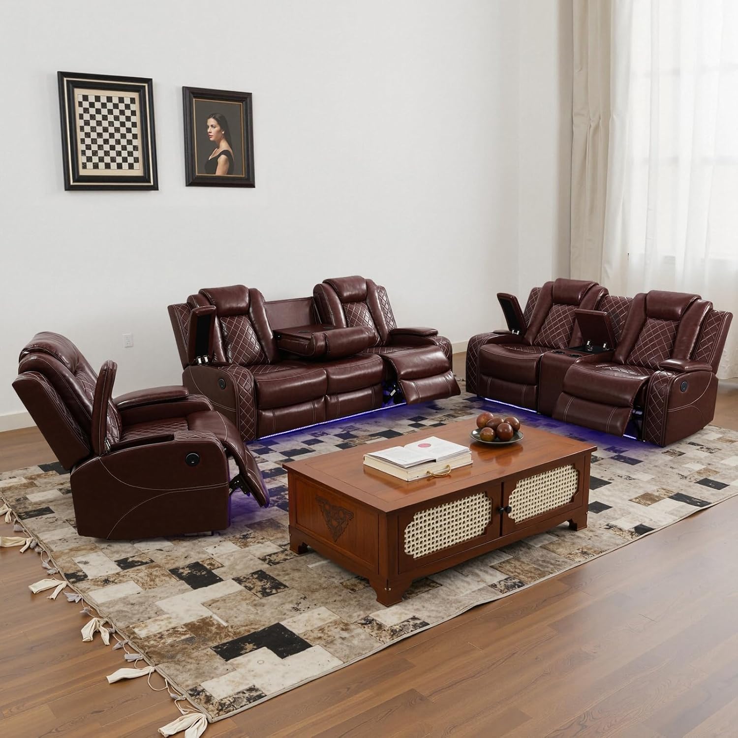 Power Recliner Sofa Set with LED Lights, Power Reclining Sofa Set with Cup Holder, Storage Console, Faux Leather Couch for Home Theater Seating(Sofa, Loveseat and Chair,Wine)