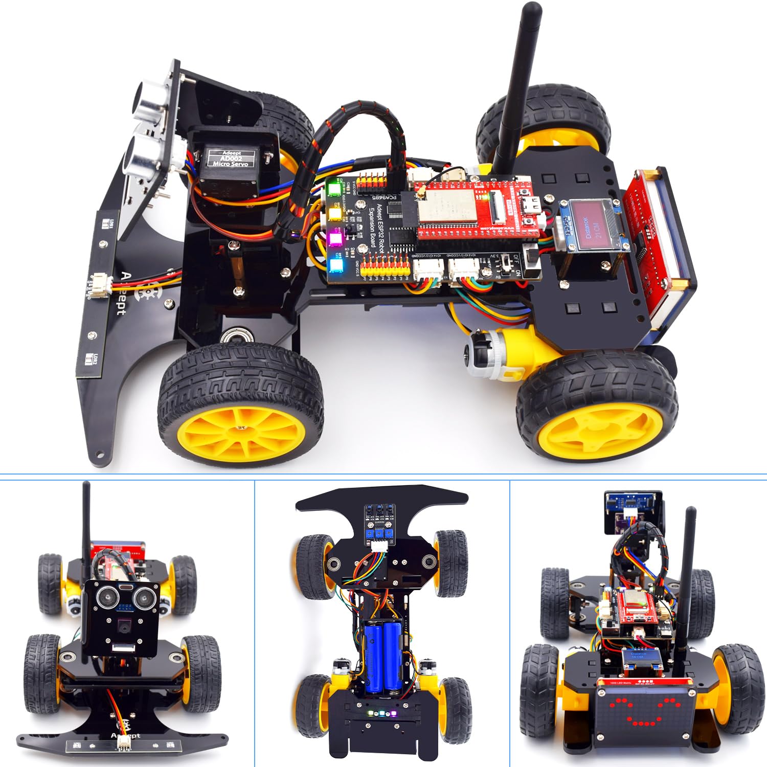 Adeept Zestaw Smart Car Kit do ESP32-WROVER (kompatybilny z Arduino IDE), śledzenie linii, obstacle avoidance, wyświetlacz OLED, czujnik ultradźwiękowy, ESP32-CAM transmisja wideo, zdalne sterowanie,